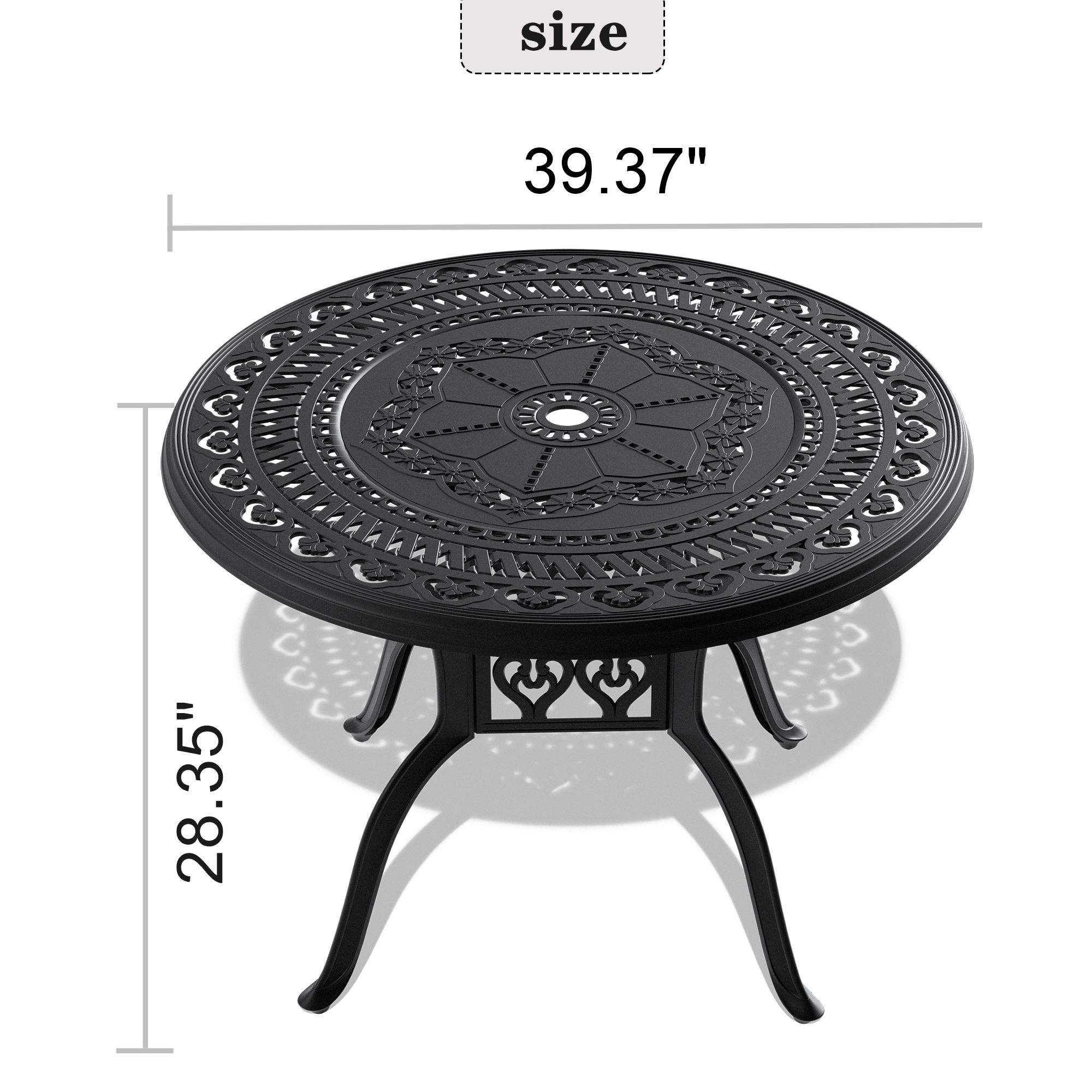 Ø39.37-inch Cast Aluminum Patio Dining Table With Black Frame and Umbrella Hole