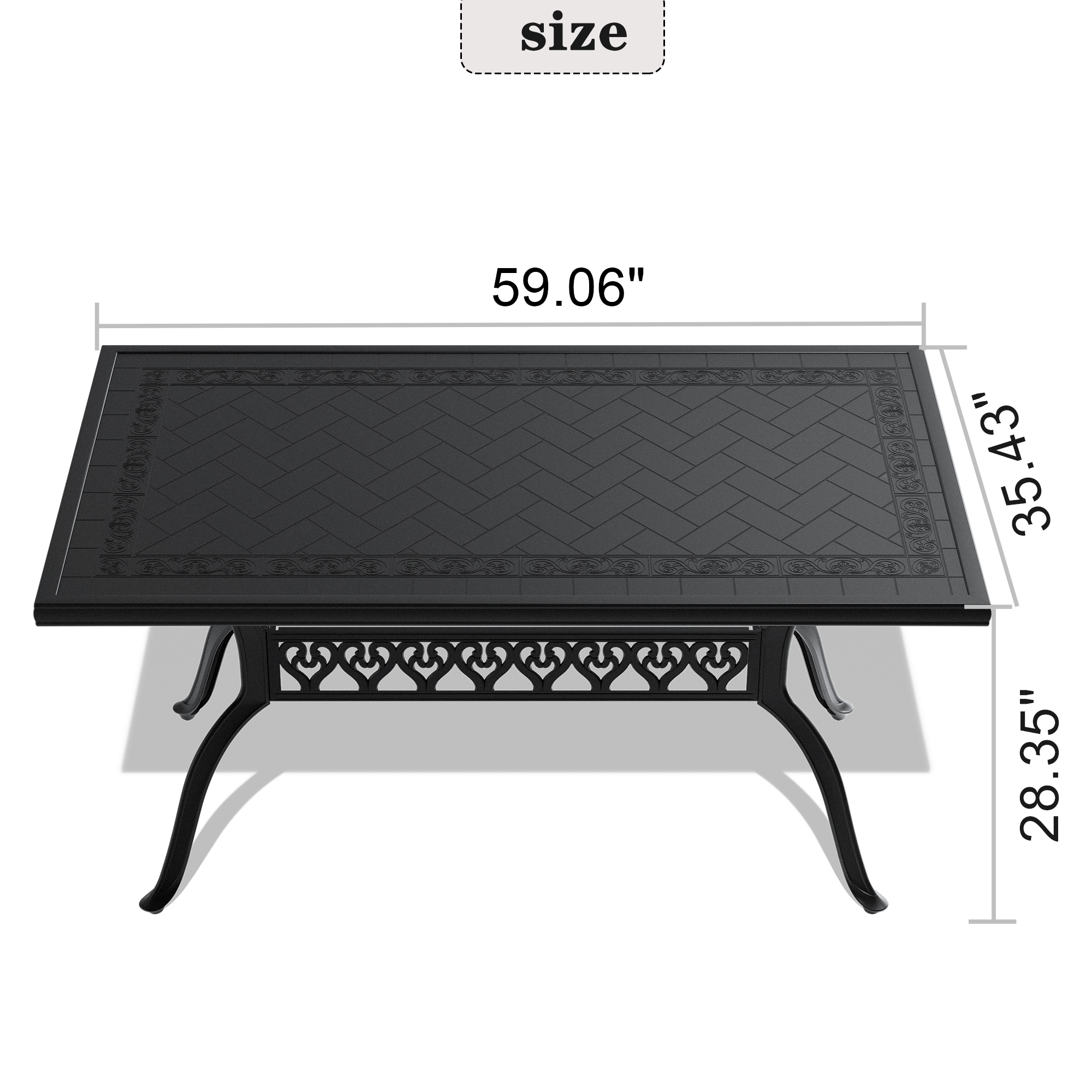 L59.05*W35.43-inch Cast Aluminum Patio Dining Table With Black Frame and Carved Texture on the Tabletop