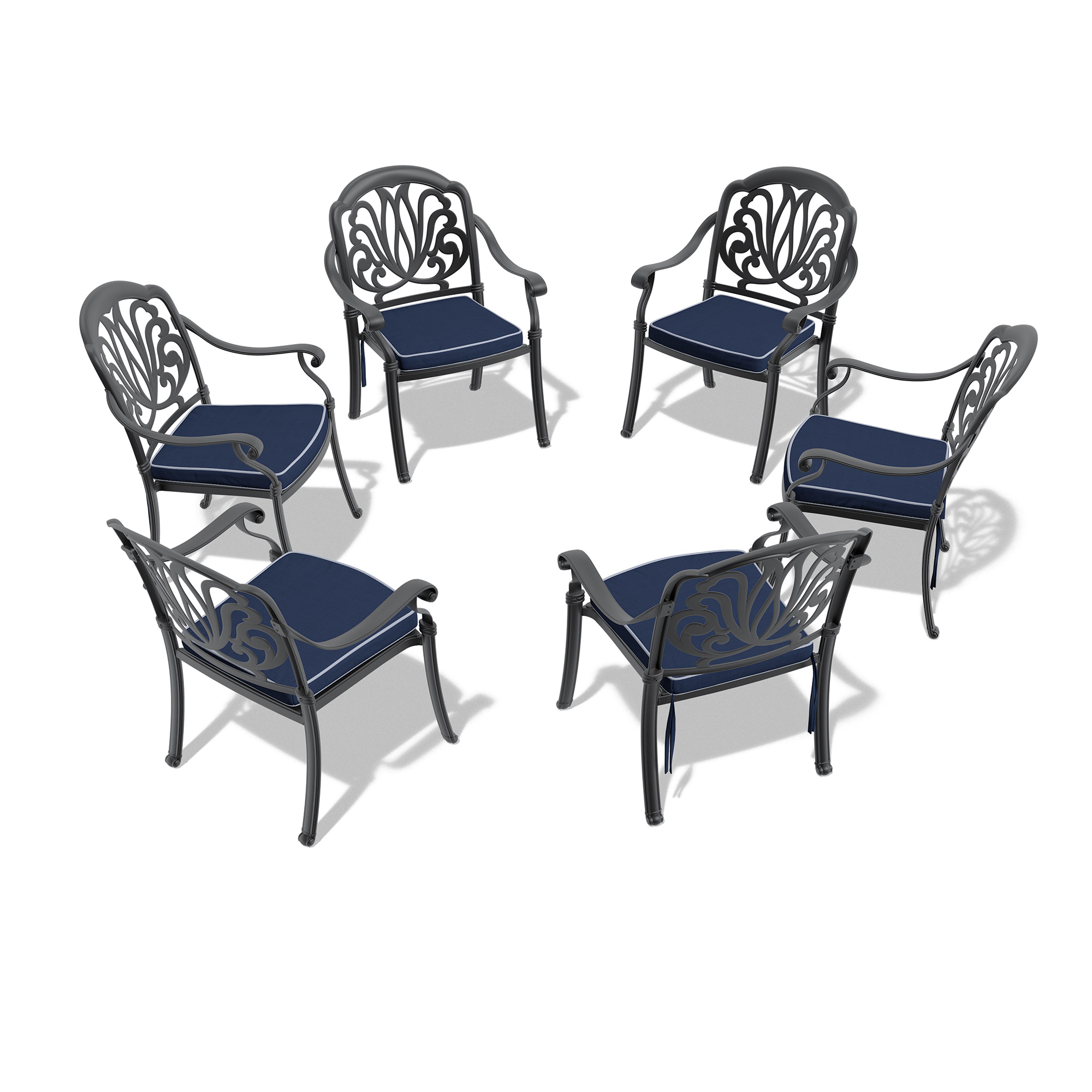 Cast Aluminum Patio Dining Chair 6PCS With Black Frame and Cushions In Random Colors