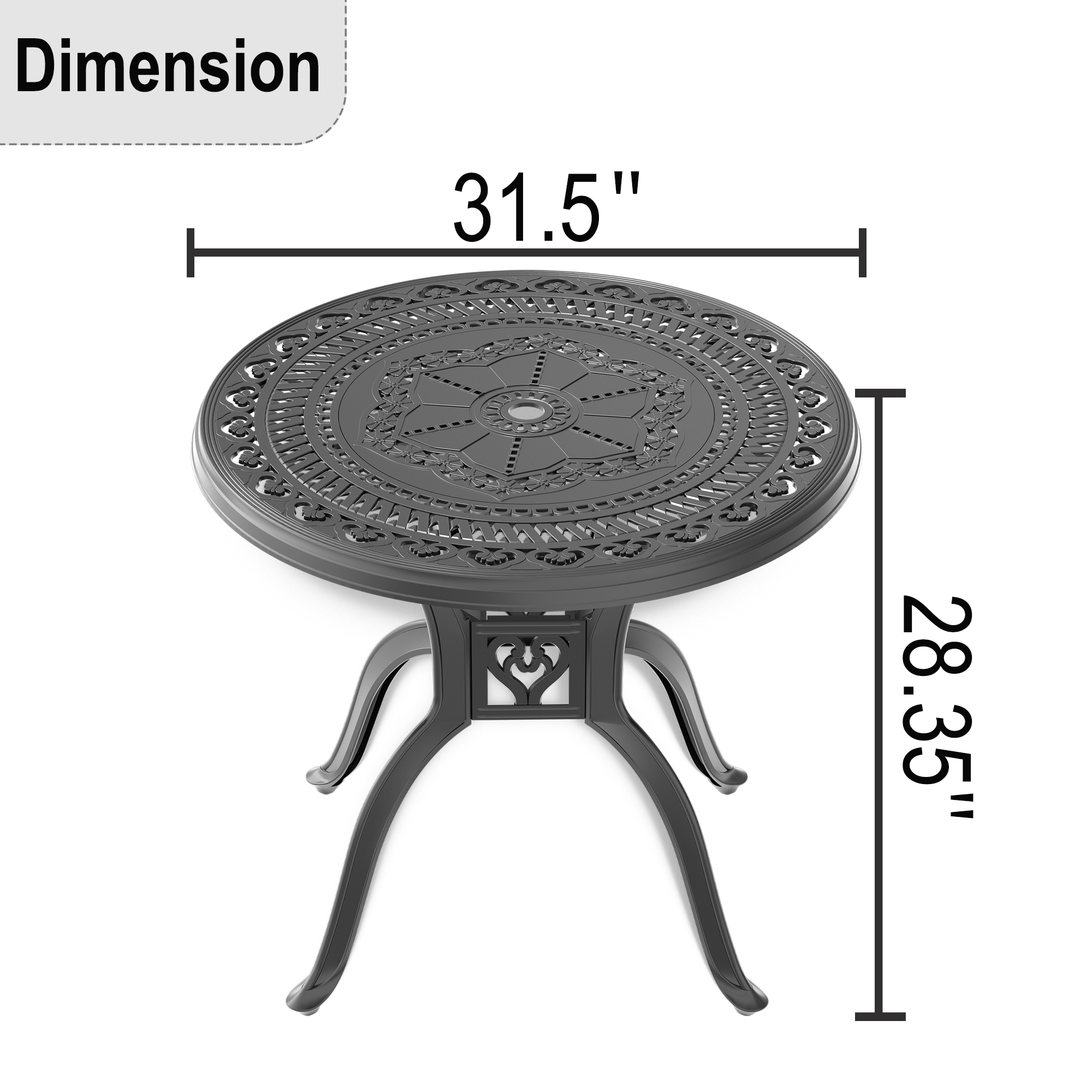 Ø31.50-inch Cast  Aluminum Patio Dining Table with Black Frame and Umbrella Hole