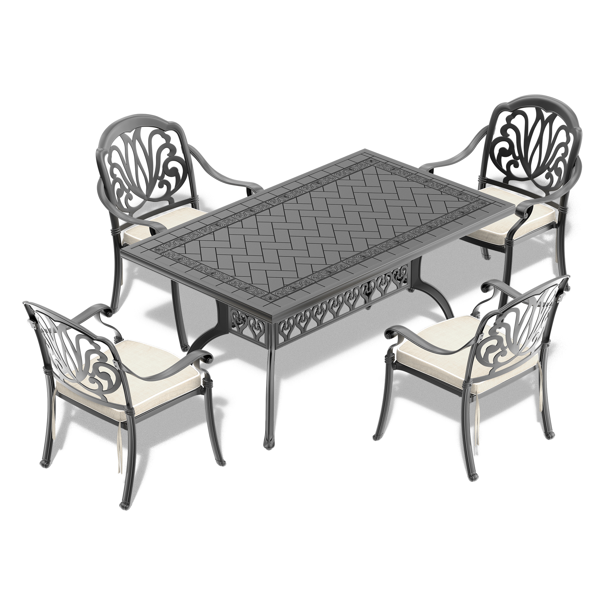 L59.05*W35.43-inch Cast Aluminum Patio Dining Table With Black Frame and Carved Texture on the Tabletop