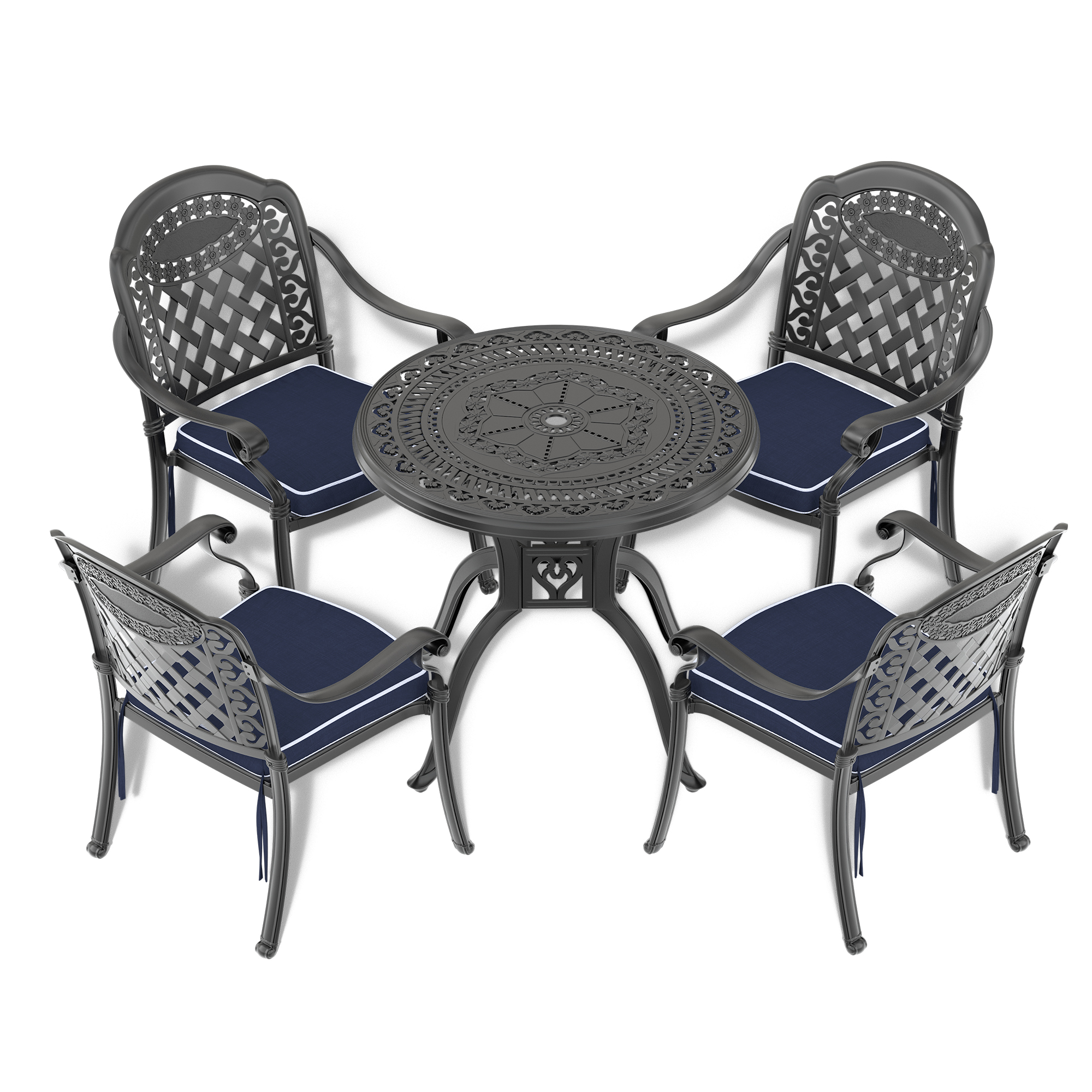 Ø31.50-inch Cast  Aluminum Patio Dining Table with Black Frame and Umbrella Hole