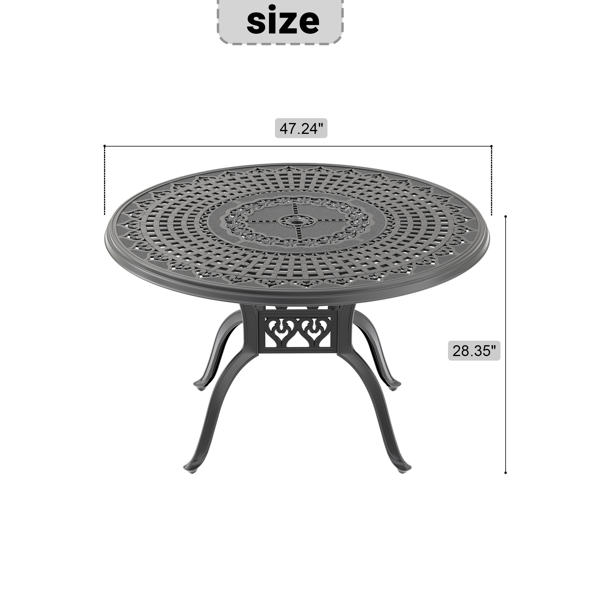 Ø47.24-inch Cast Aluminum Patio Dining Table With Black Frame and Umbrella Hole