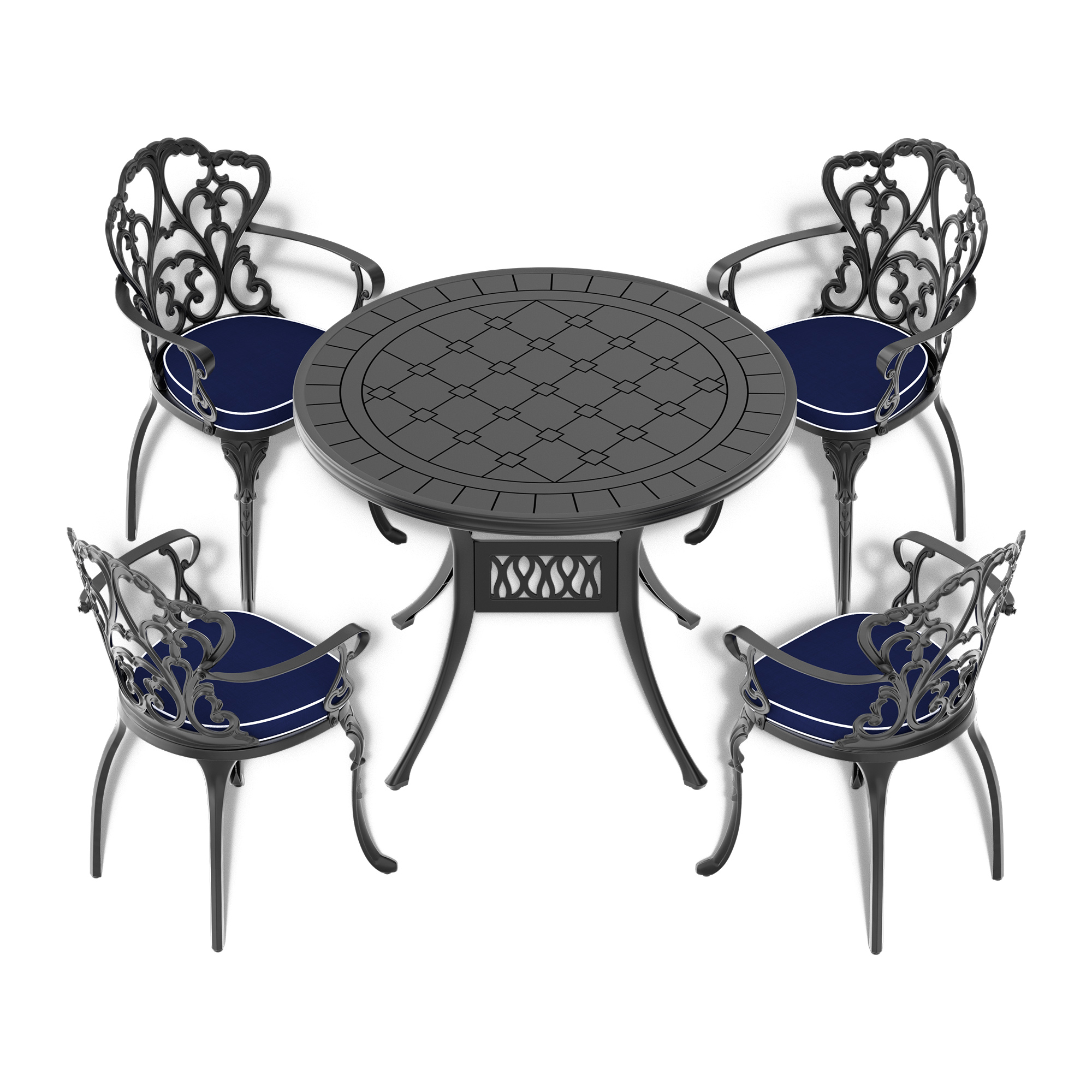 Ø39.37-inch Cast Aluminum Patio Dining Table with Black Frame and Carved Texture on the Tabletop