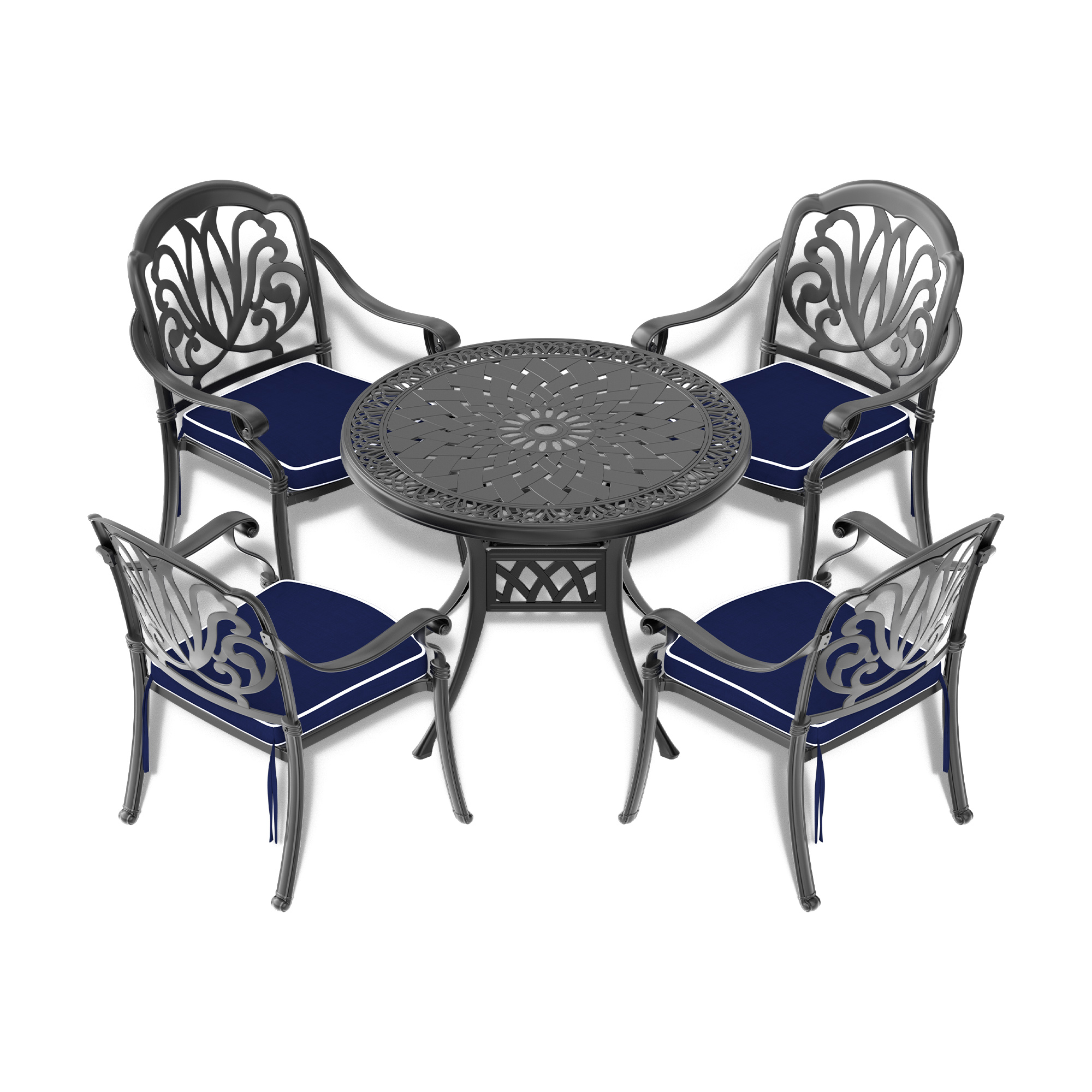 Ø35.43-inch Cast Aluminum Patio Dining Table with Black Frame and Umbrella Hole