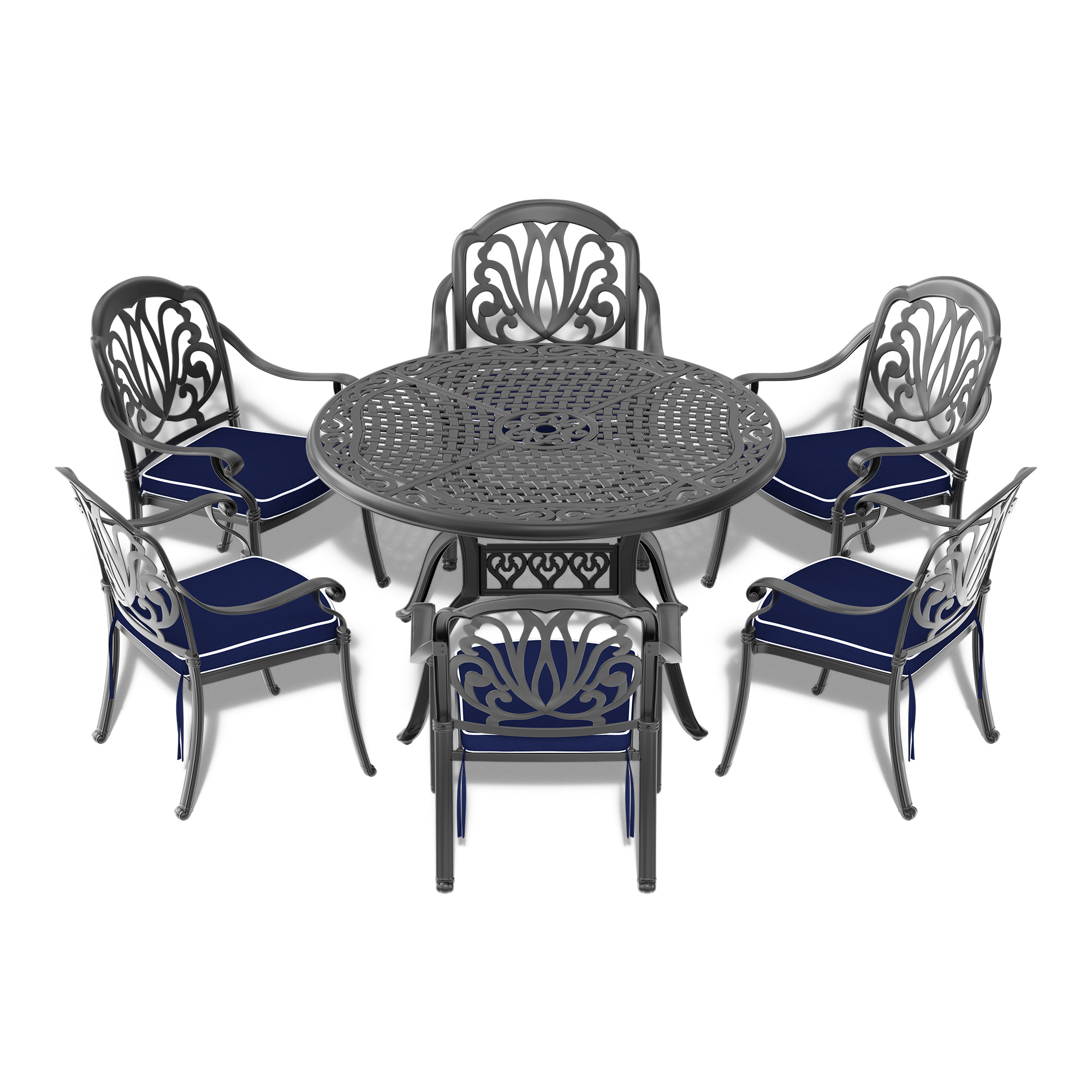 Ø48-inch Cast Aluminum Patio Dining Table with Black Frame and Umbrella Hole