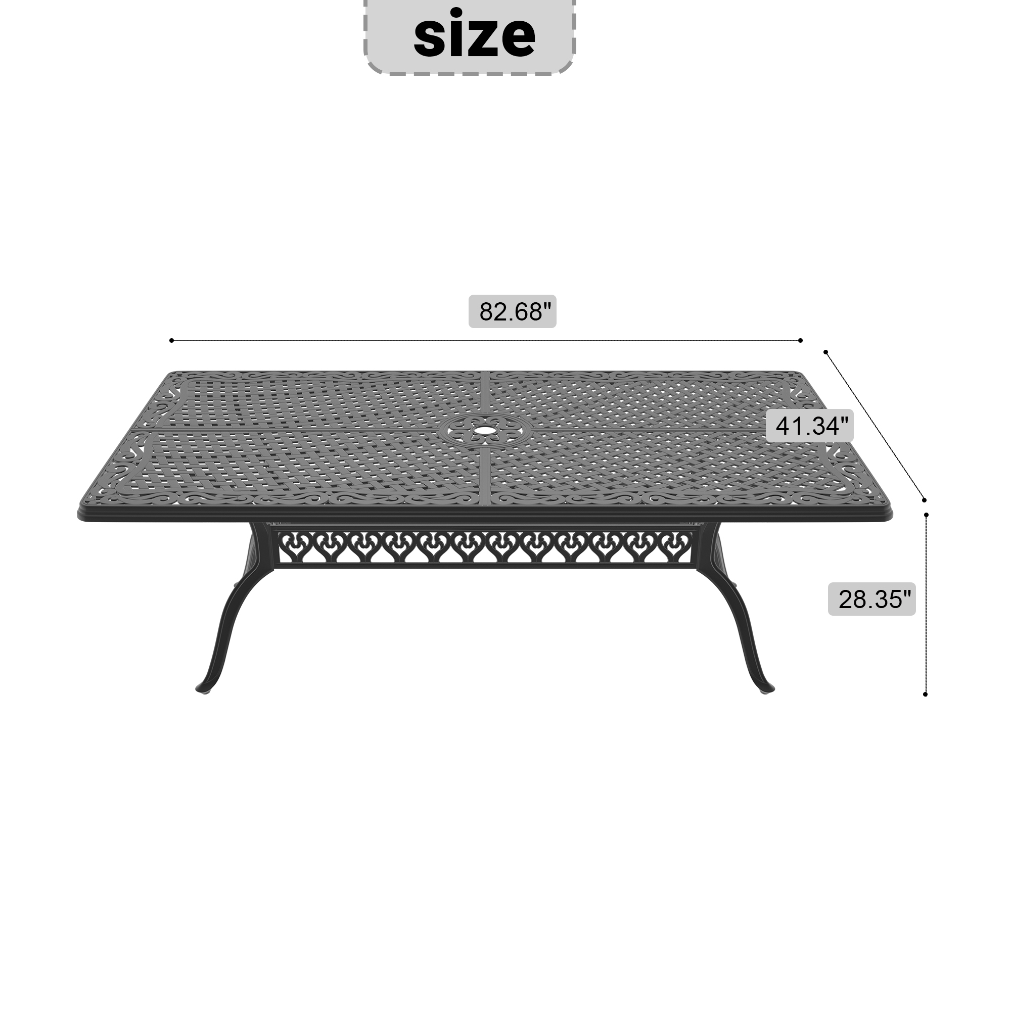 L82.68*W41.34-inch  Cast Aluminum Patio Dining Table with Black Frame and Umbrella Hole