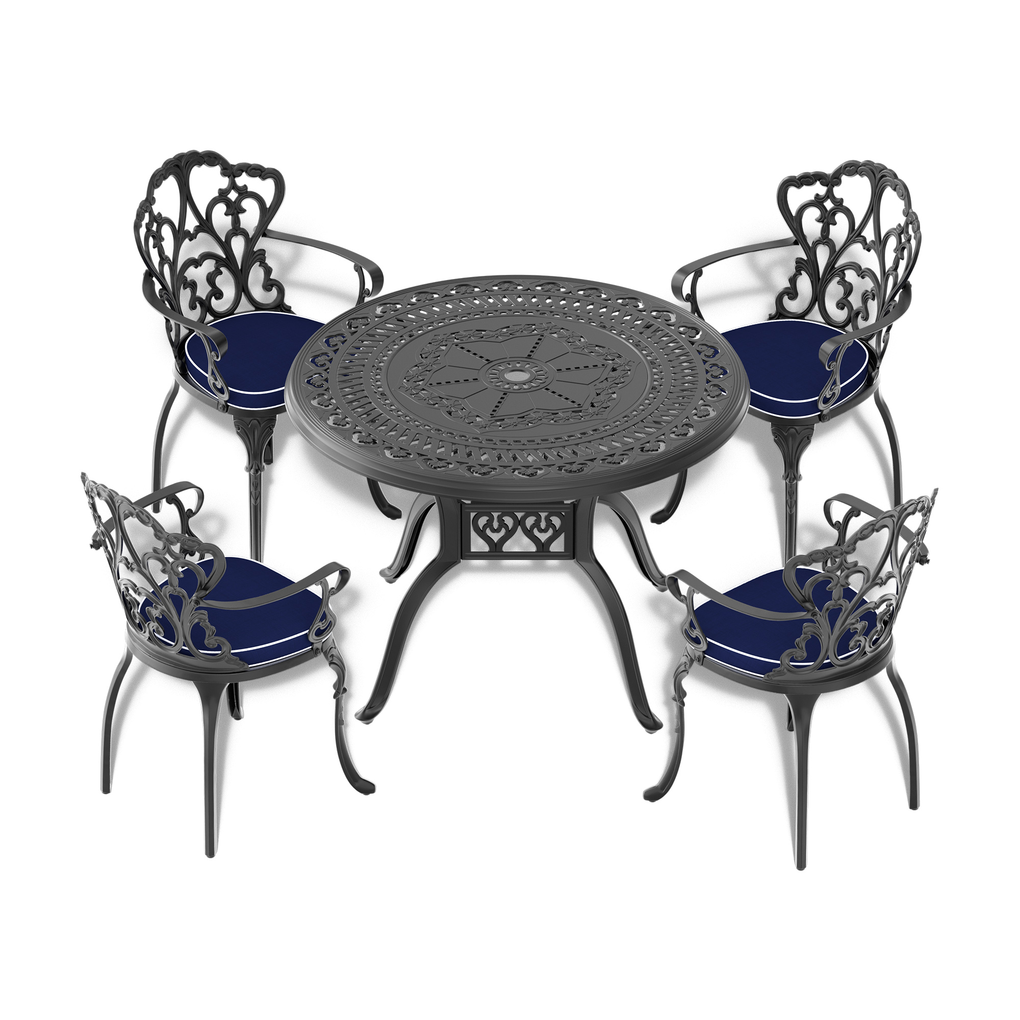 Ø39.37-inch Cast Aluminum Patio Dining Table With Black Frame and Umbrella Hole