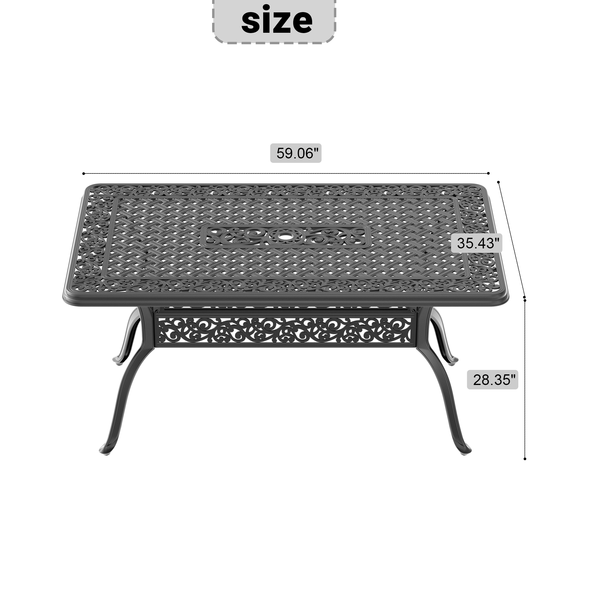 L59.05*W35.43-inch Cast Aluminum Patio Dining Table with Black Frame and Umbrella Hole