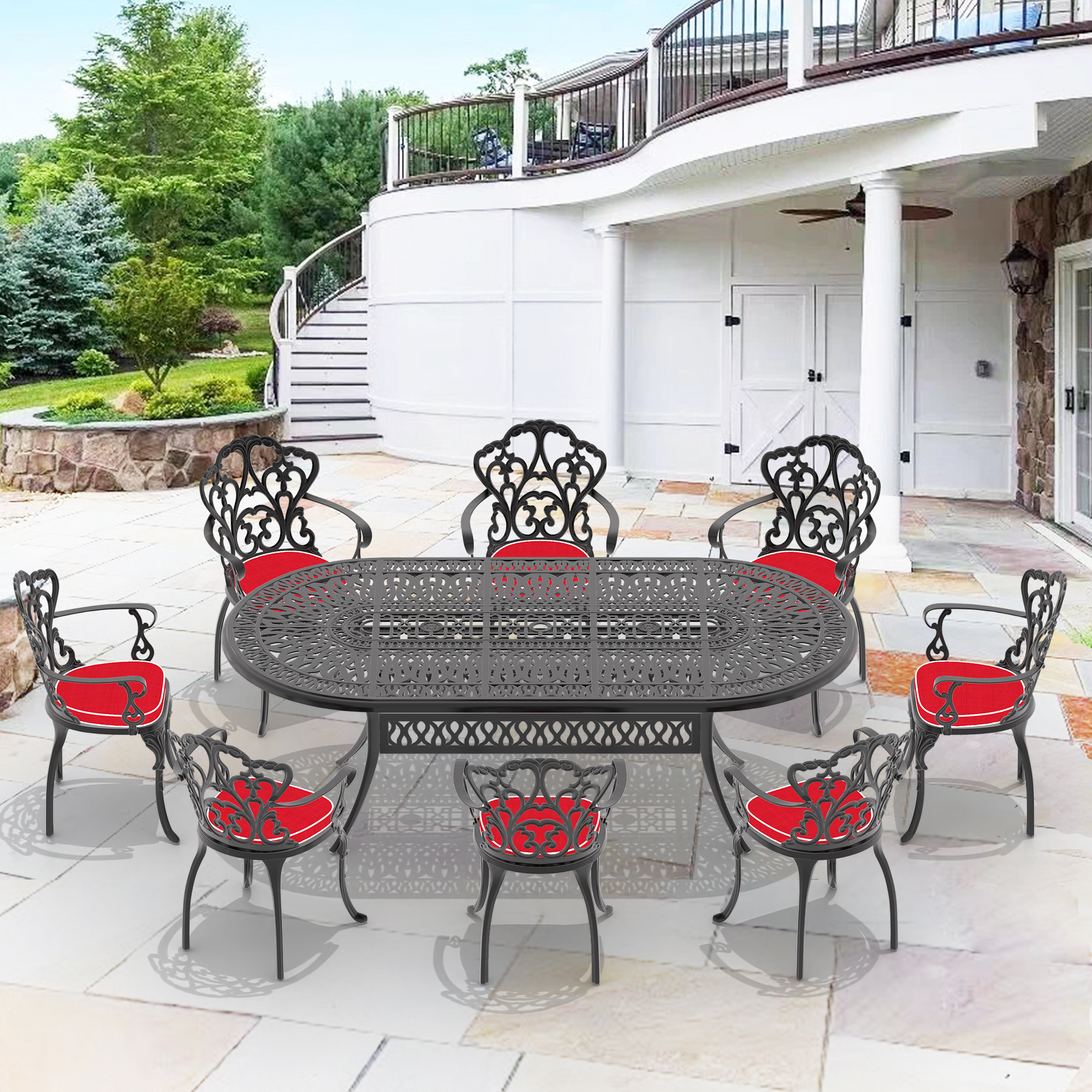 (Cushions In  Random Colors)9-Piece Set Of Cast Aluminum Patio Furniture With  Cushions