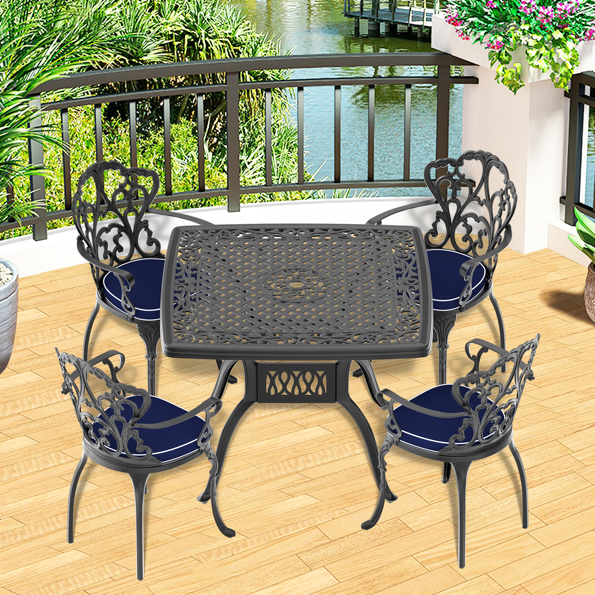 (Cushions In  Random Colors)5-Piece Set Of Cast Aluminum Patio Furniture With  Cushions