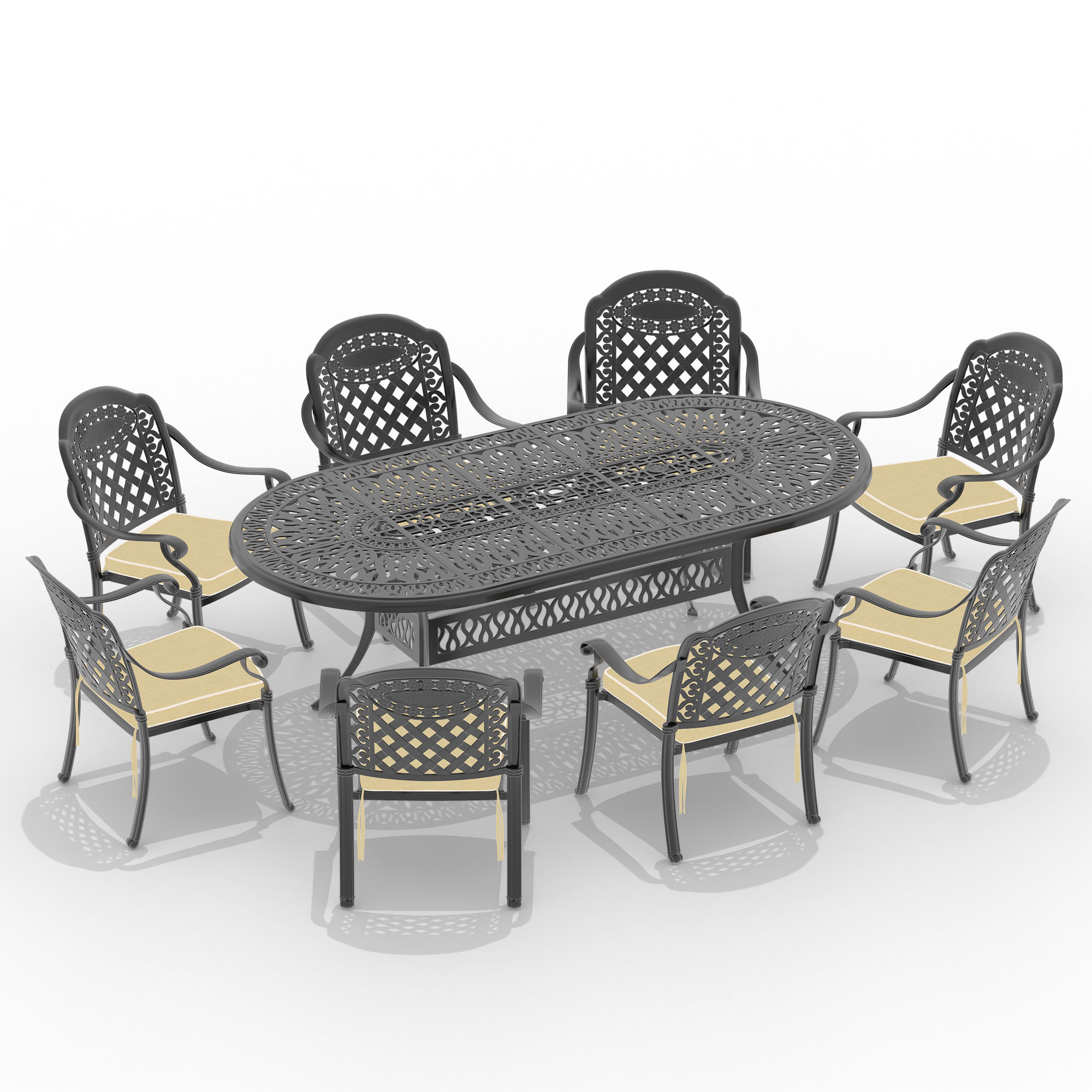 L86.22*W42.32-inch Oval Cast Aluminum Patio Dining Table with Black Frame and Umbrella Hole