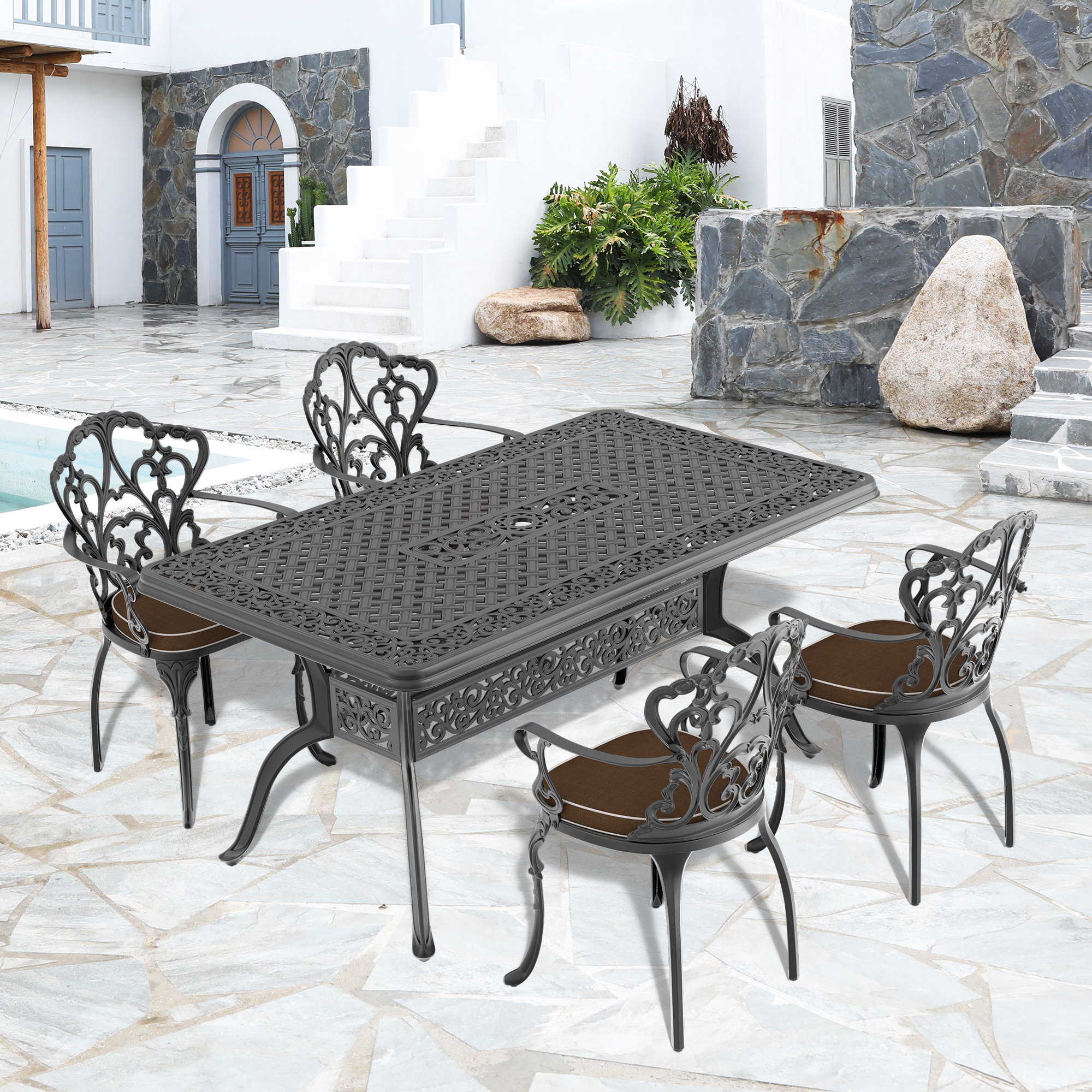 (Cushions In  Random Colors)5-Piece Set Of Cast Aluminum Patio Furniture With  Cushions