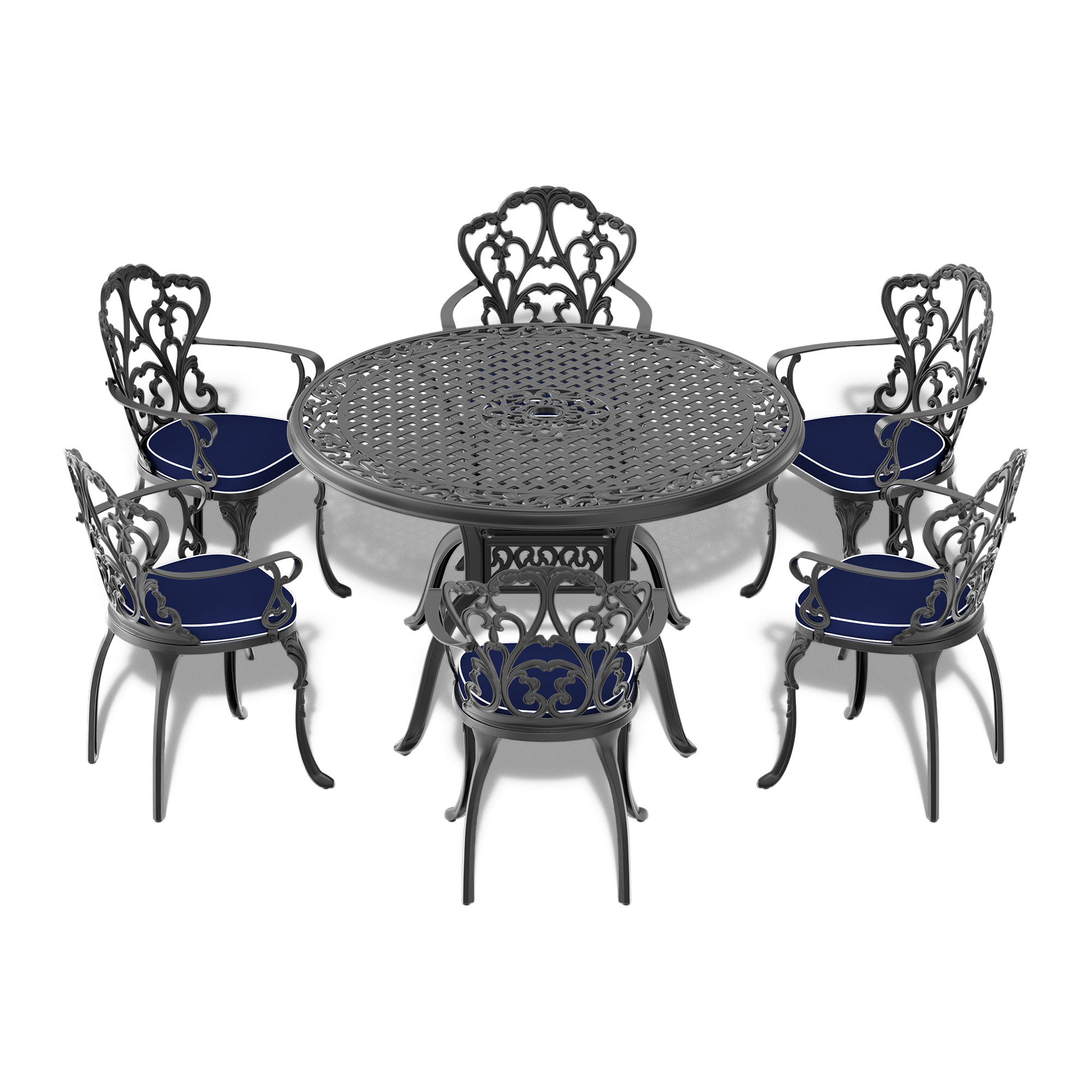 Ø47.24-inch Cast Aluminum Patio Dining Table with Black Frame and Umbrella Hole