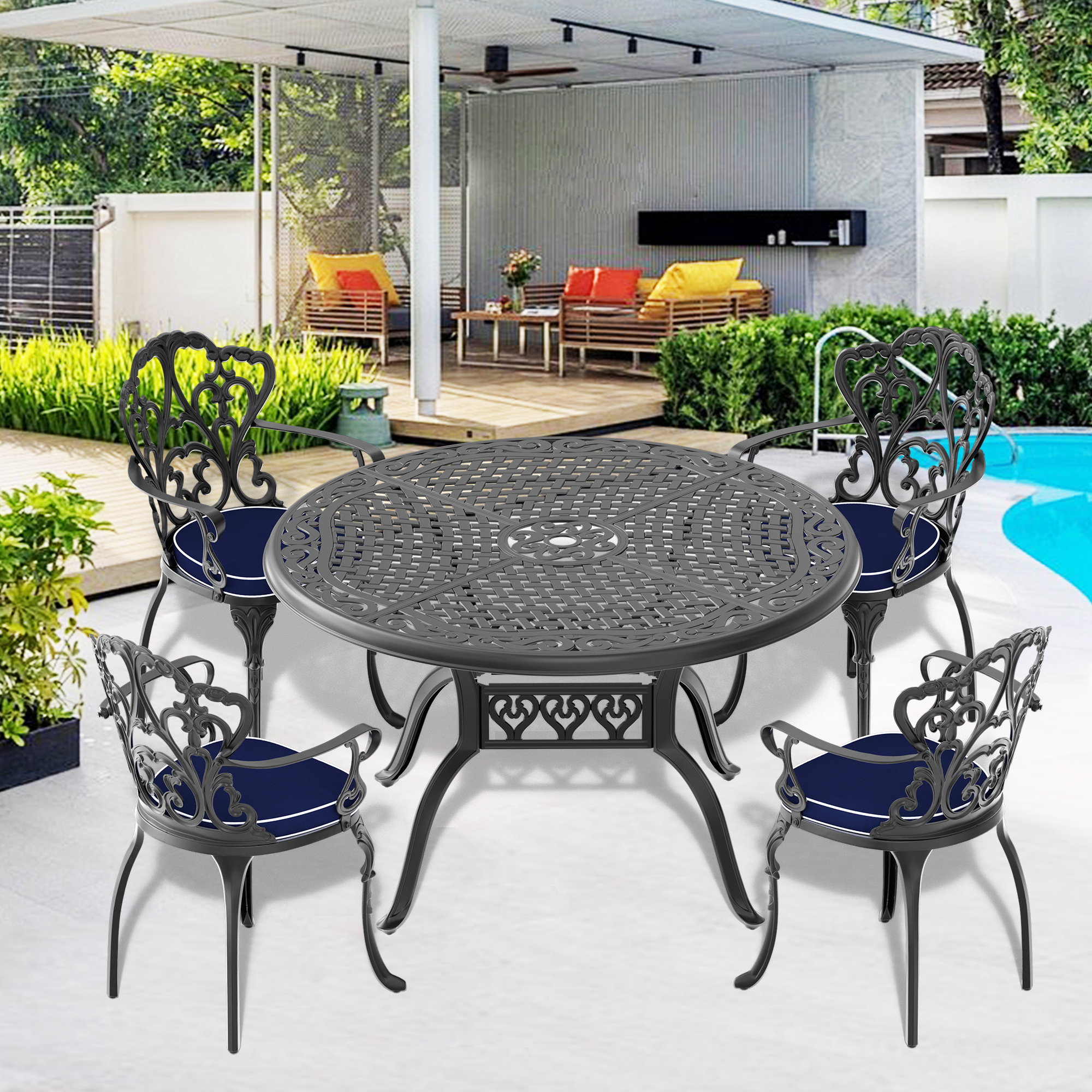 (Cushions In  Random Colors)5-Piece Set Of Cast Aluminum Patio Furniture With  Cushions