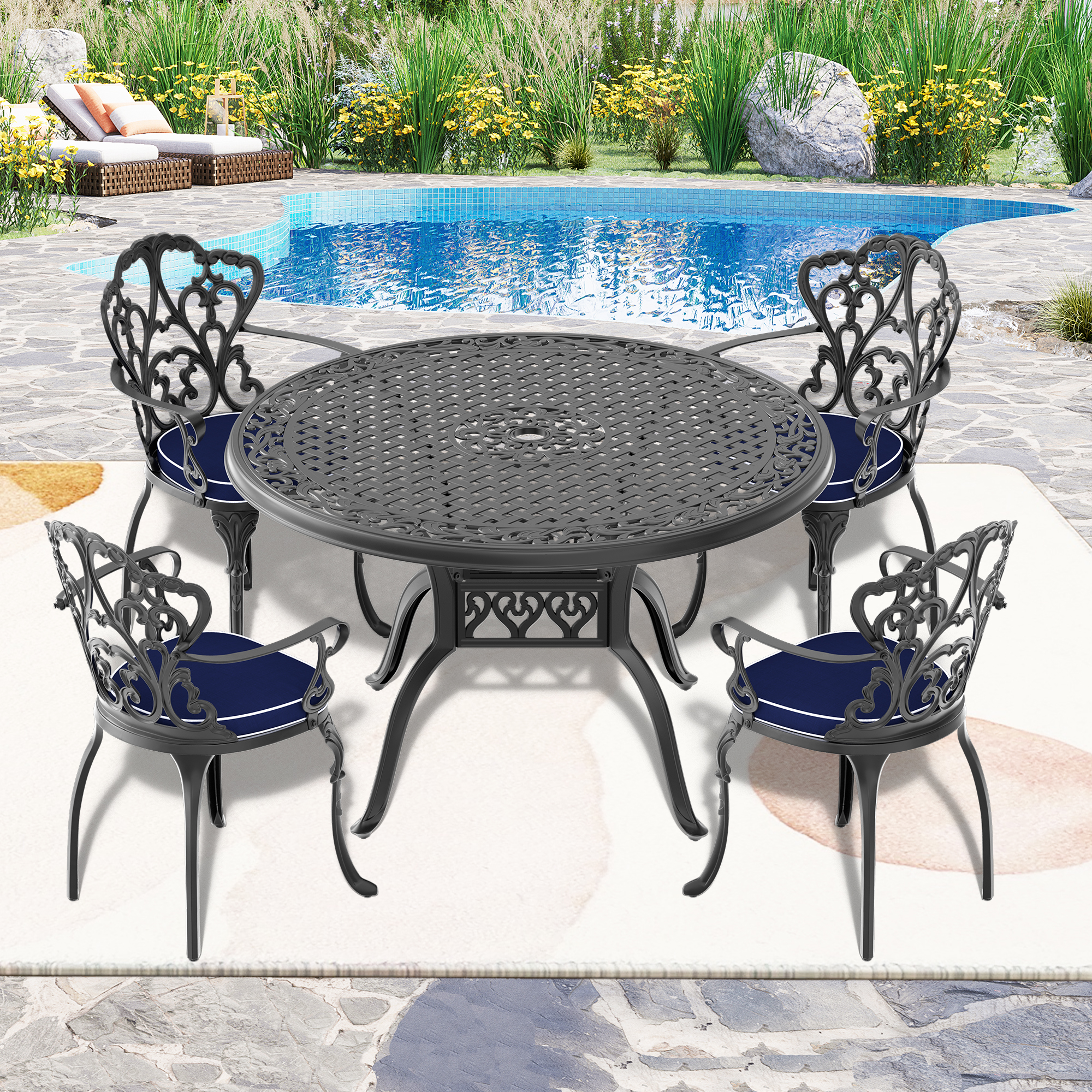 (Cushions In  Random Colors)5-Piece Set Of Cast Aluminum Patio Furniture With  Cushions