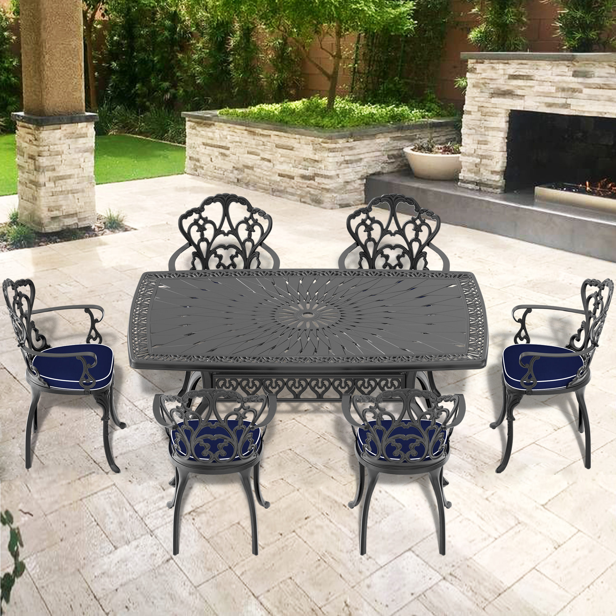 (Cushions In  Random Colors)7-Piece Set Of Cast Aluminum Patio Furniture With  Cushions