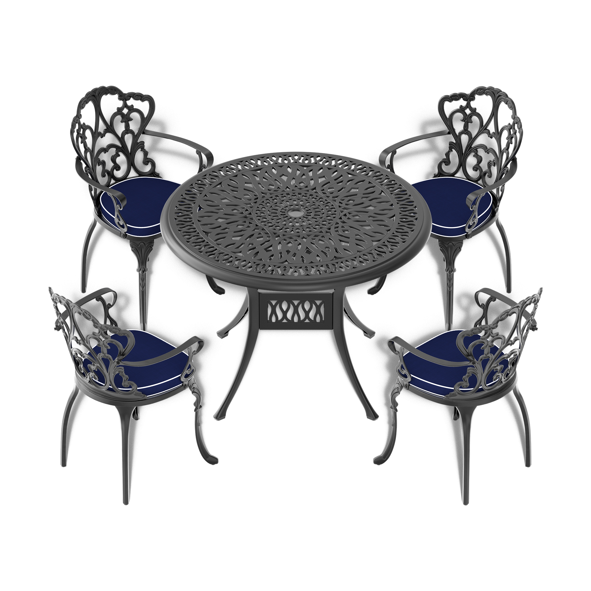 Ø35.43-inch Cast Aluminum Patio Dining Table With Black Frame and Umbrella Hole