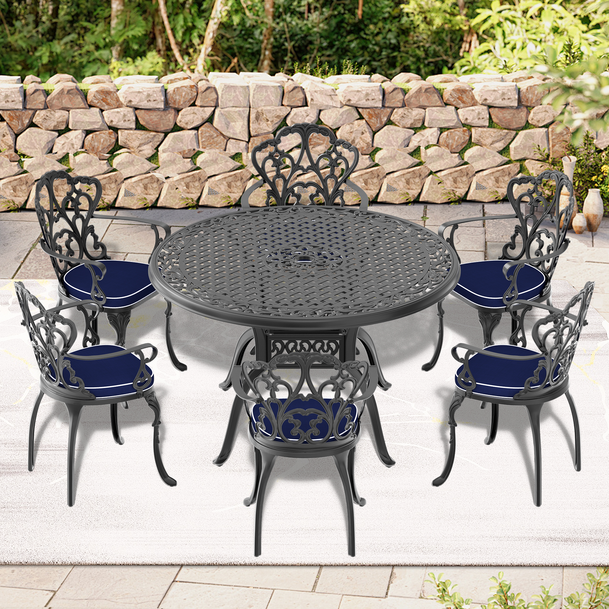 (Cushions In  Random Colors)7-Piece Set Of Cast Aluminum Patio Furniture With  Cushions