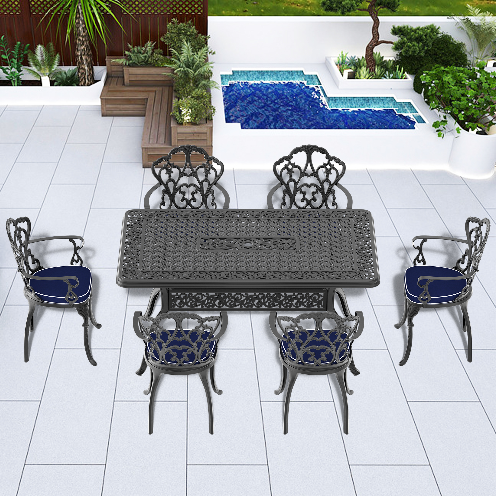 (Cushions In  Random Colors)7-Piece Set Of Cast Aluminum Patio Furniture With  Cushions