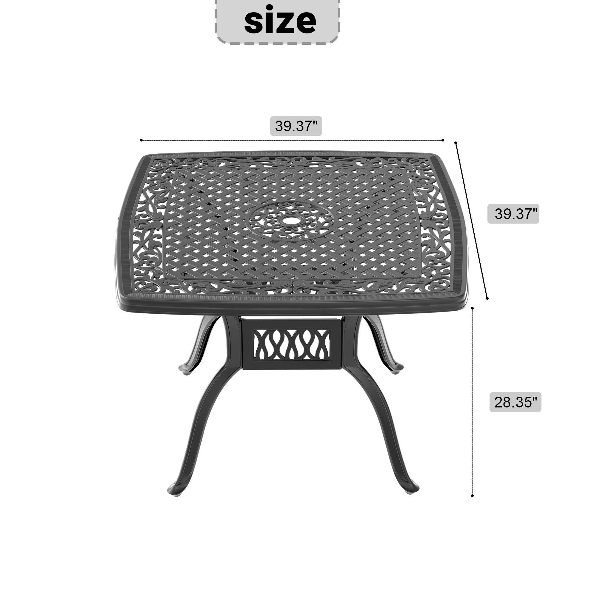 L37/39.37*W37/39.37-inch Cast Aluminum Patio Dining Table with Black Frame and Umbrella Hole