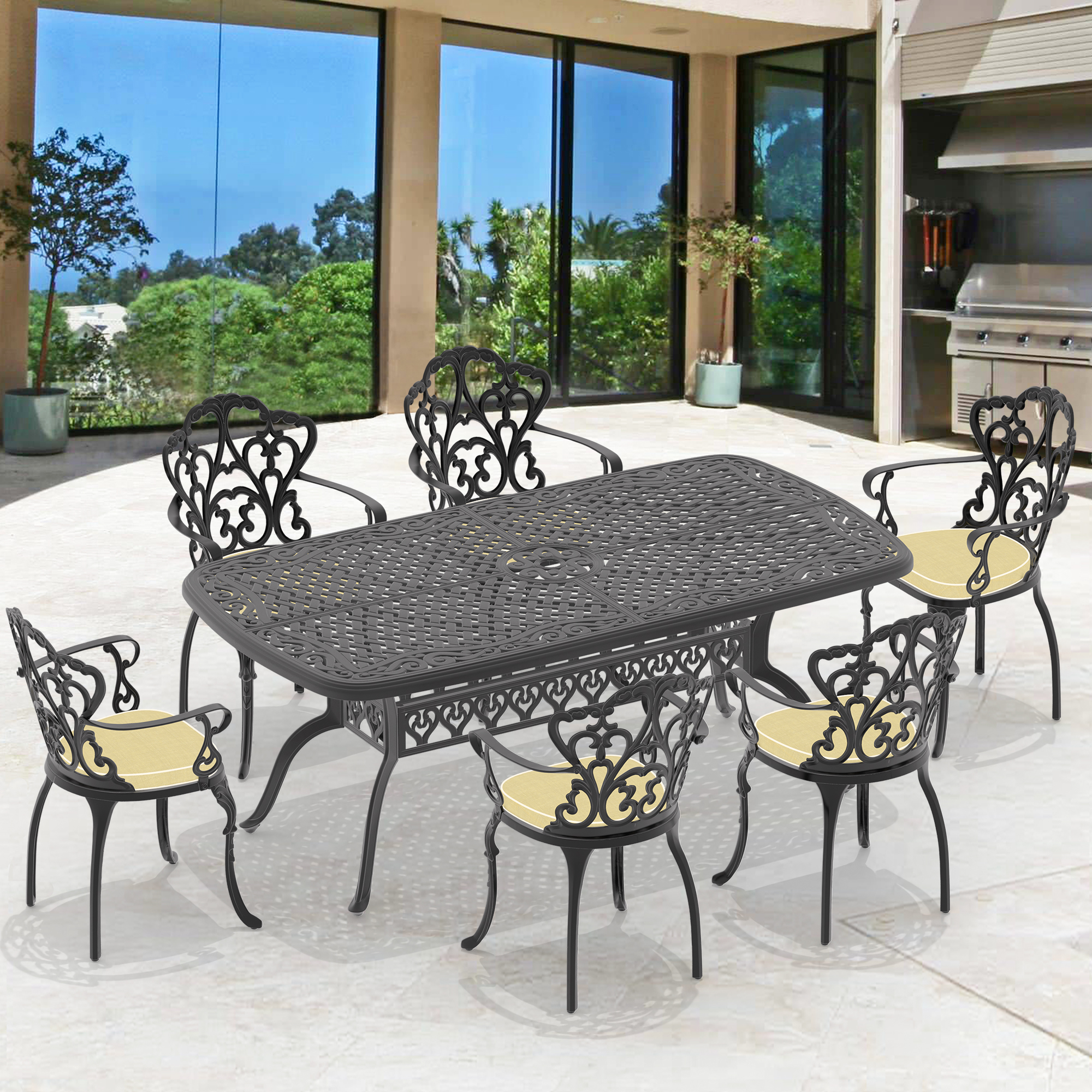 (Cushions In  Random Colors)7-Piece Set Of Cast Aluminum Patio Furniture With  Cushions