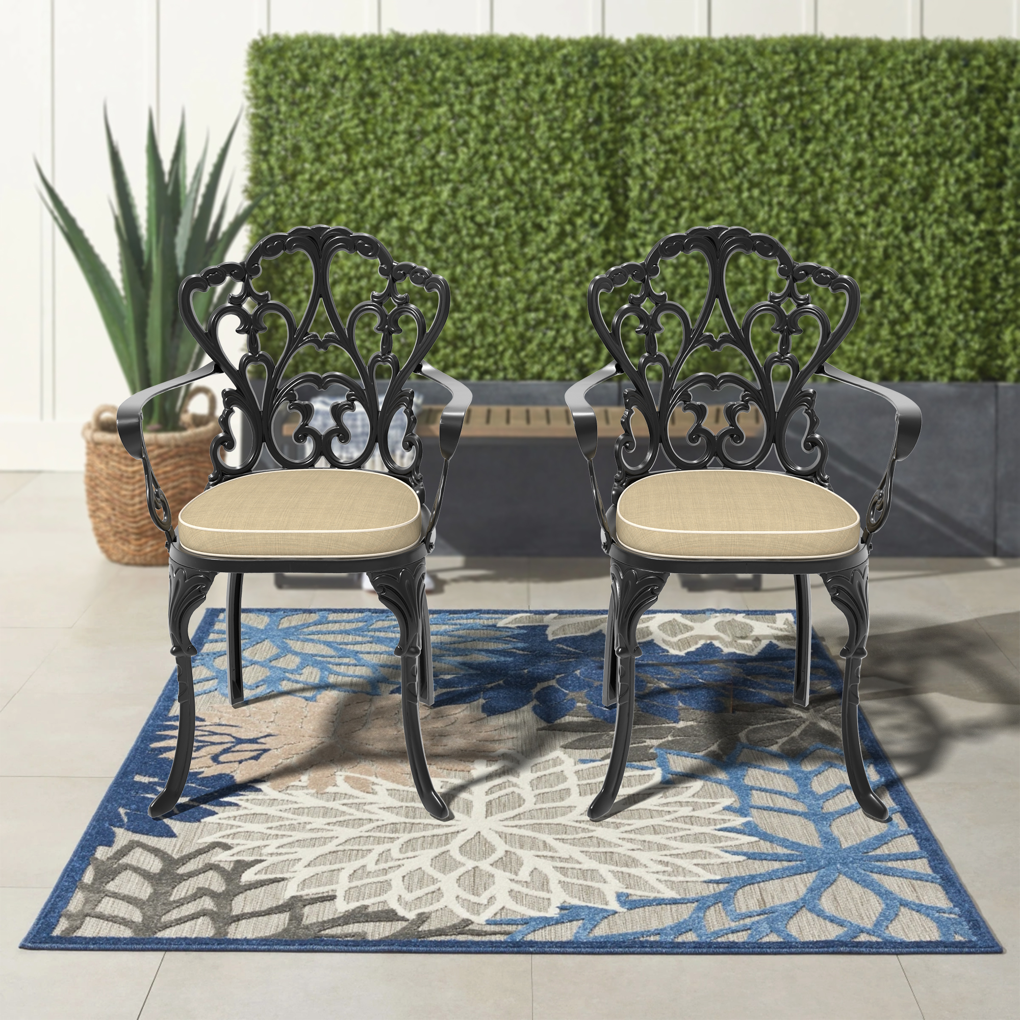 Cast Aluminum Patio Dining Chair 2PCS With Black Frame and Cushions In Random Colors