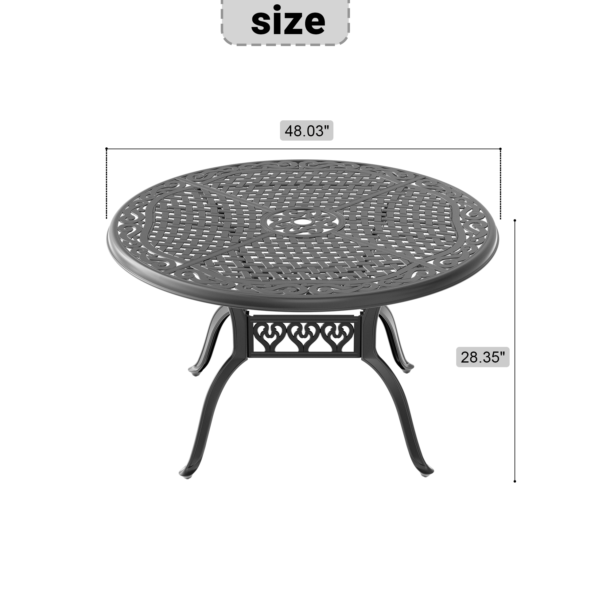 Ø48-inch Cast Aluminum Patio Dining Table with Black Frame and Umbrella Hole