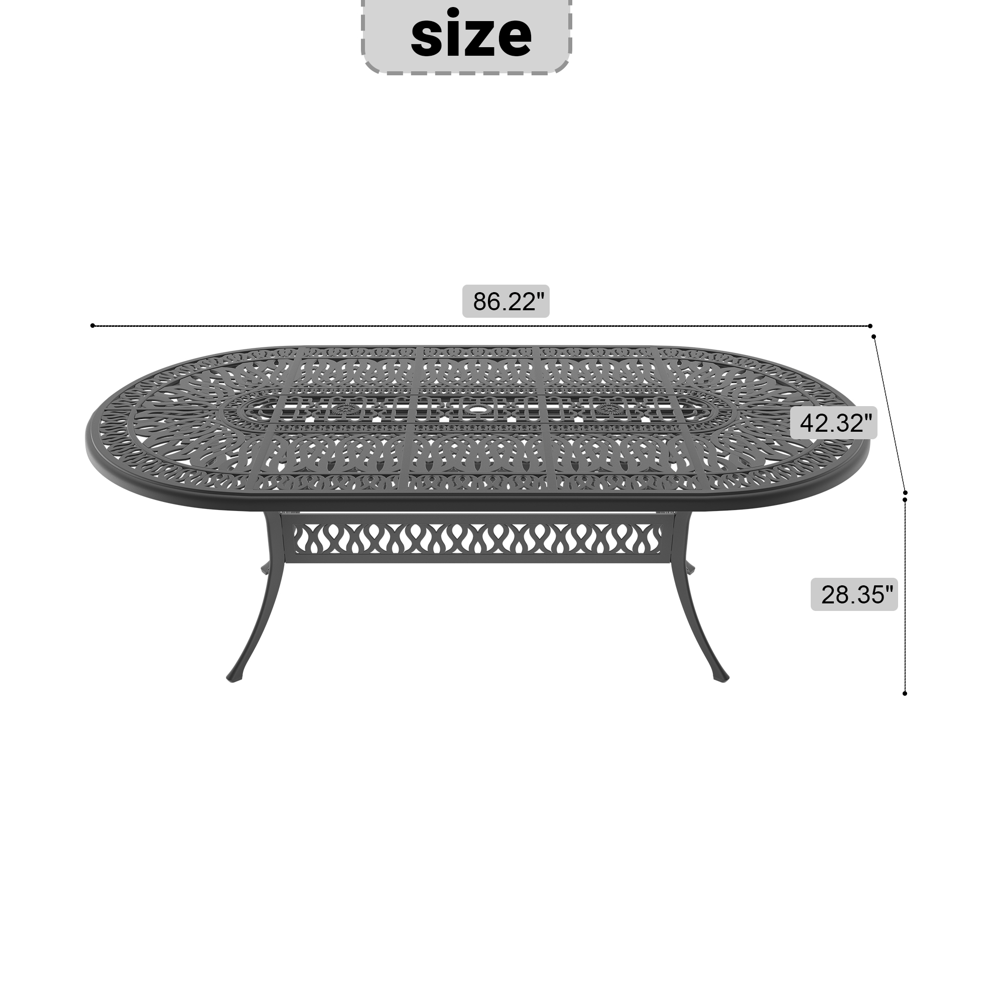 L86.22*W42.32英寸椭圆形铸铝露台餐桌，黑色框架和带伞孔