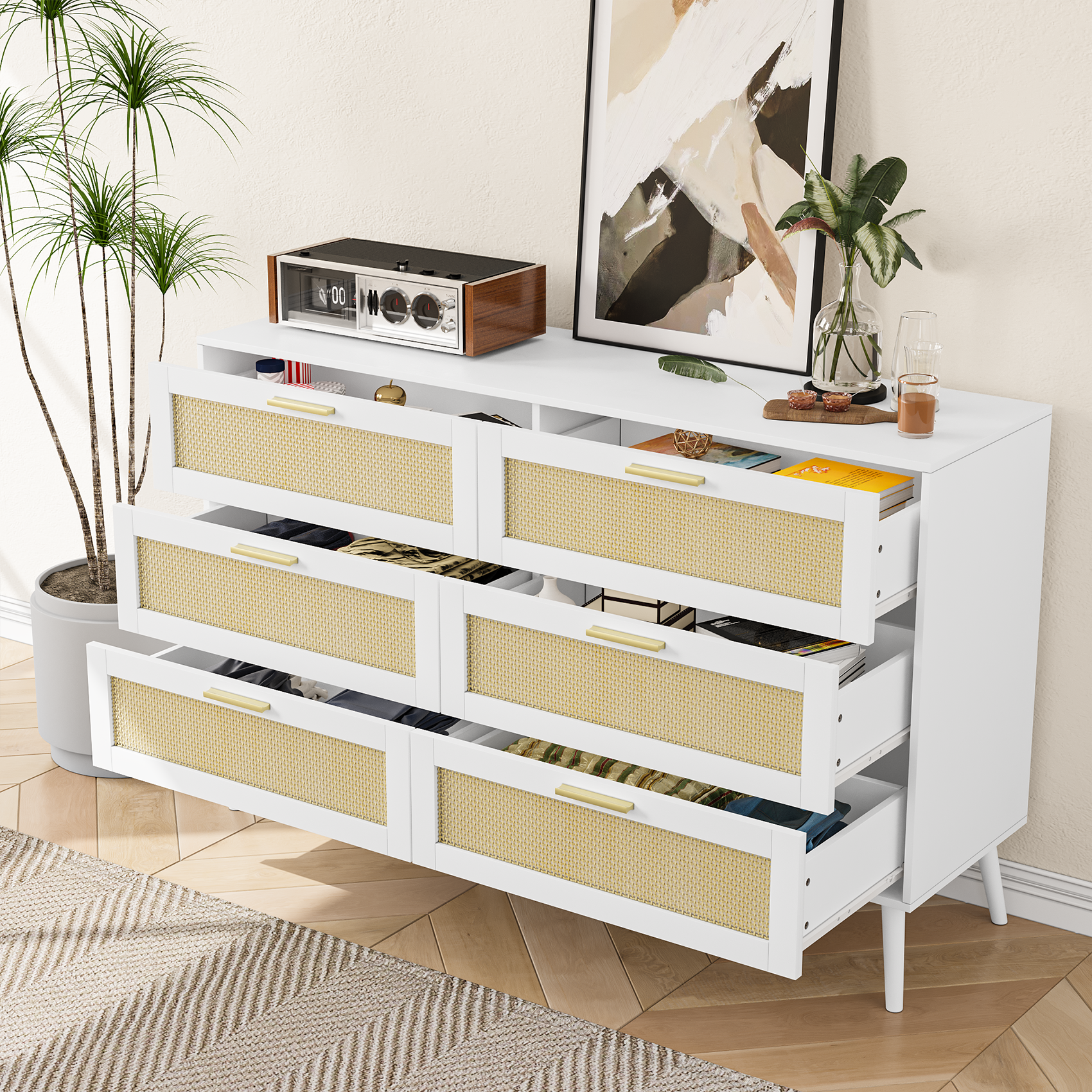 white Rattan 6 Drawers  Chest of Dressers for Bedroom Modern 6 Drawer Dresser, Wide Chest of Drawers with Gold Handles,  Rattan Dresser Storage Cabinet for Living Room, Bedroom, Hallway