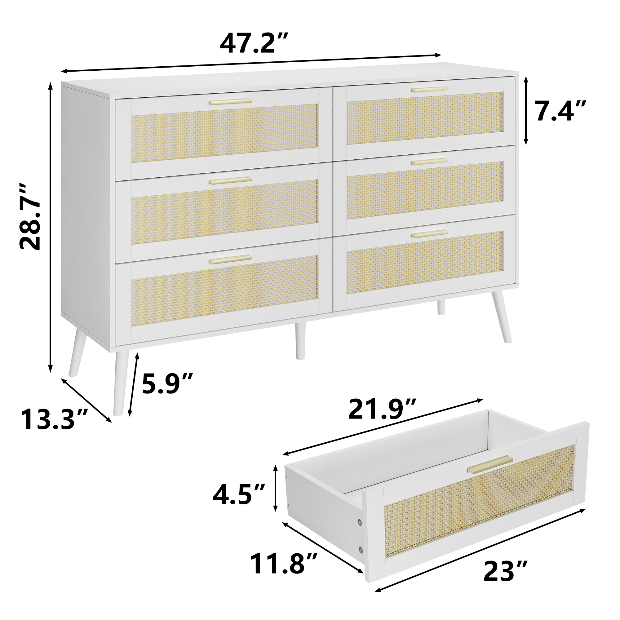 white Rattan 6 Drawers  Chest of Dressers for Bedroom Modern 6 Drawer Dresser, Wide Chest of Drawers with Gold Handles,  Rattan Dresser Storage Cabinet for Living Room, Bedroom, Hallway