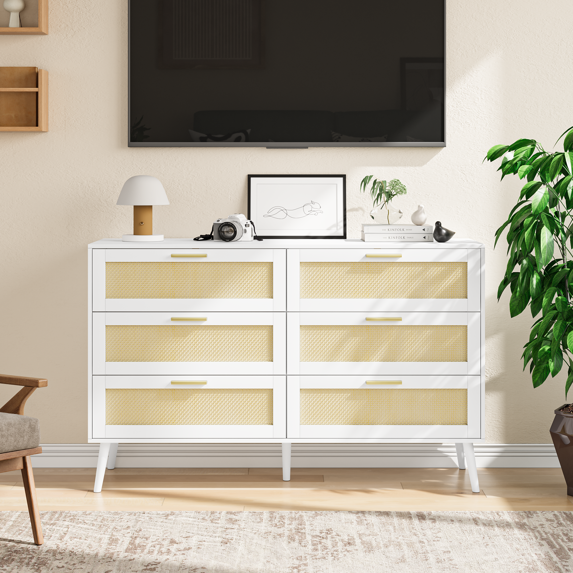 white Rattan 6 Drawers  Chest of Dressers for Bedroom Modern 6 Drawer Dresser, Wide Chest of Drawers with Gold Handles,  Rattan Dresser Storage Cabinet for Living Room, Bedroom, Hallway