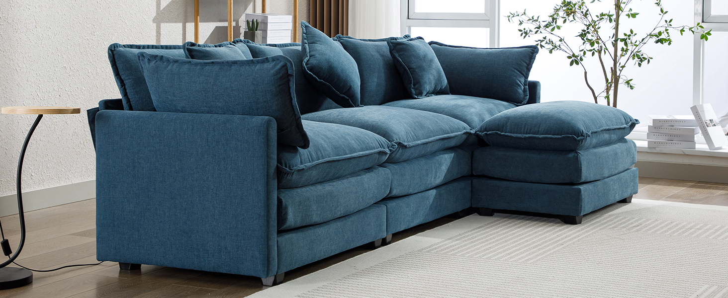 112.2" L-Shape Chenille Upholstered Sofa for Living Room Modern Luxury Sofa Couch with Ottoman, 5 Pillows, Blue