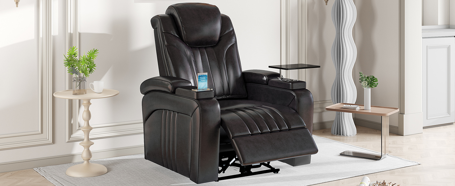 PU Leather Power Recliner Home Theater Recliner with Power Adjustable Headrest, Wireless Charging Device, USB Port, Storage Arms, Cup Holder and Swivel Tray Table for Living Room, Brown