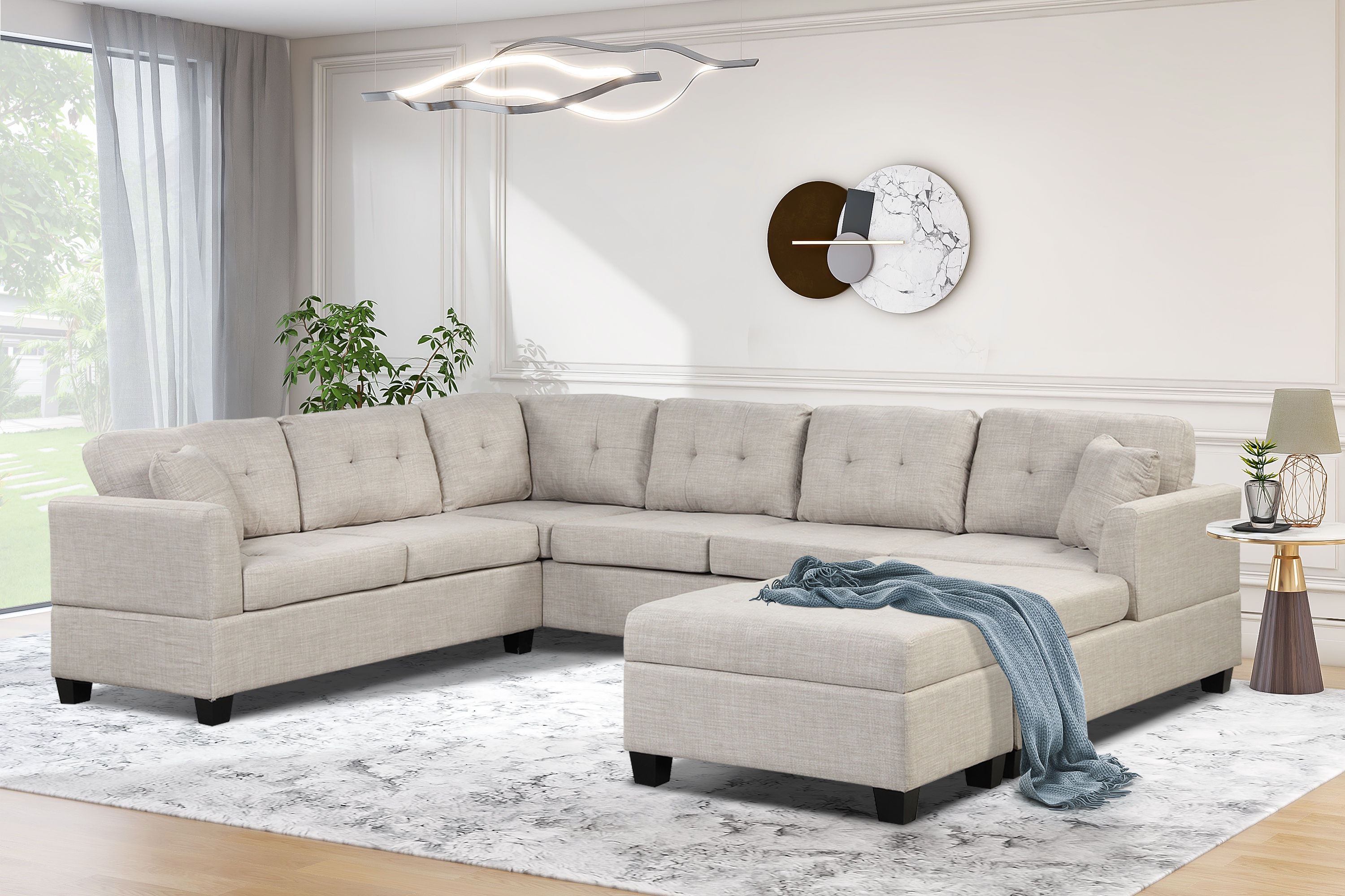 121.3" Oversized Sectional Sofa with Storage Ottoman, U Shaped Sectional Couch with 2 Throw Pillows for Large Space Dorm Apartment