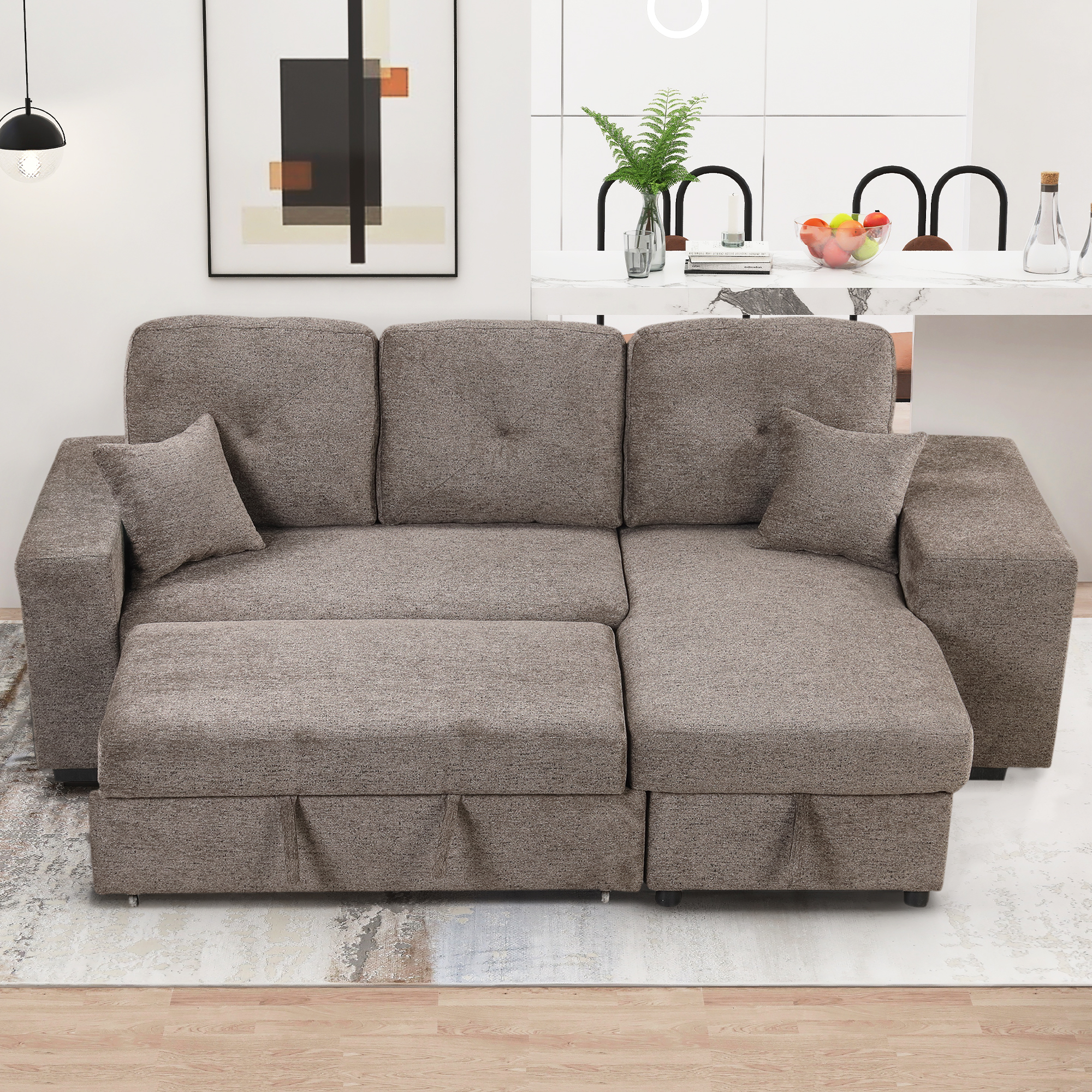 Reversible Sleeper Sectional Sofa Bed with Side Shelf and 2 Stools,Pull-Out L-Shaped Sofa Bed,Corner Sofa-Bed with Storage Chaise Left/Right Hande for Living Room,Knox Charcoal