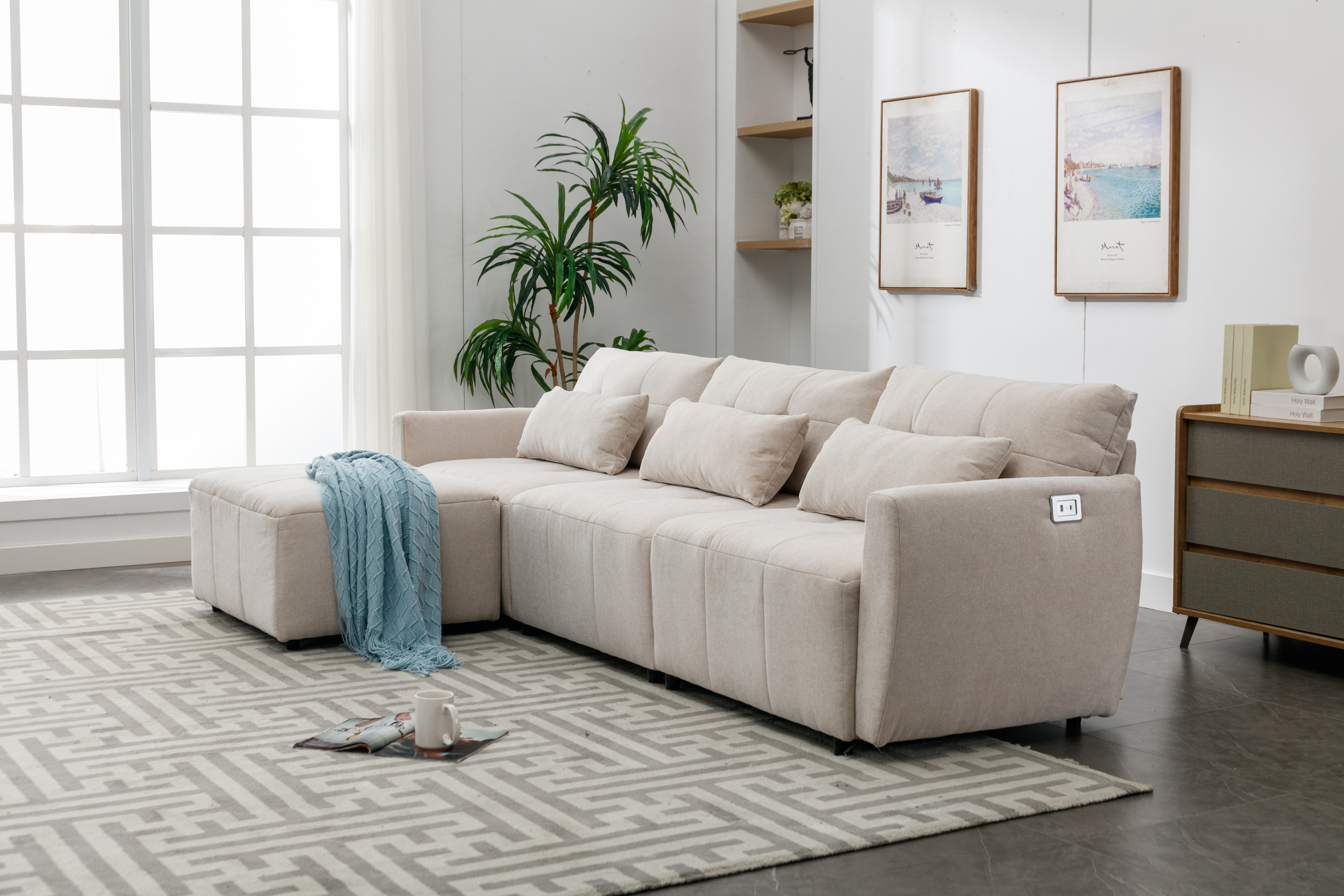 113.3" Convertible Sectional Sofa Couch 3-Seat L-Shaped Sofa with Movable Ottoman and  USB for Apartment, Living Room, Bedroom, Beige