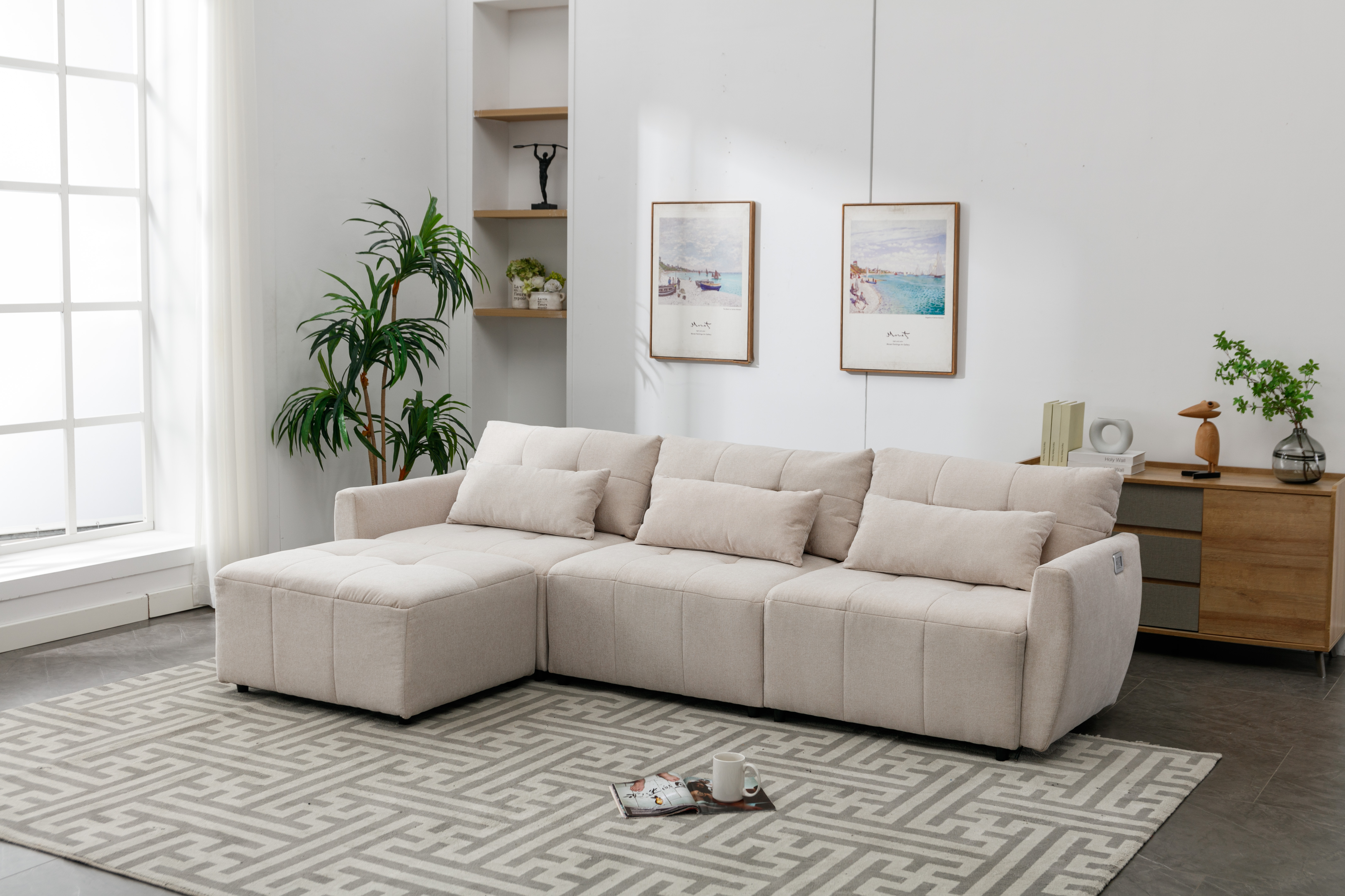 113.3" Convertible Sectional Sofa Couch 3-Seat L-Shaped Sofa with Movable Ottoman and  USB for Apartment, Living Room, Bedroom, Beige