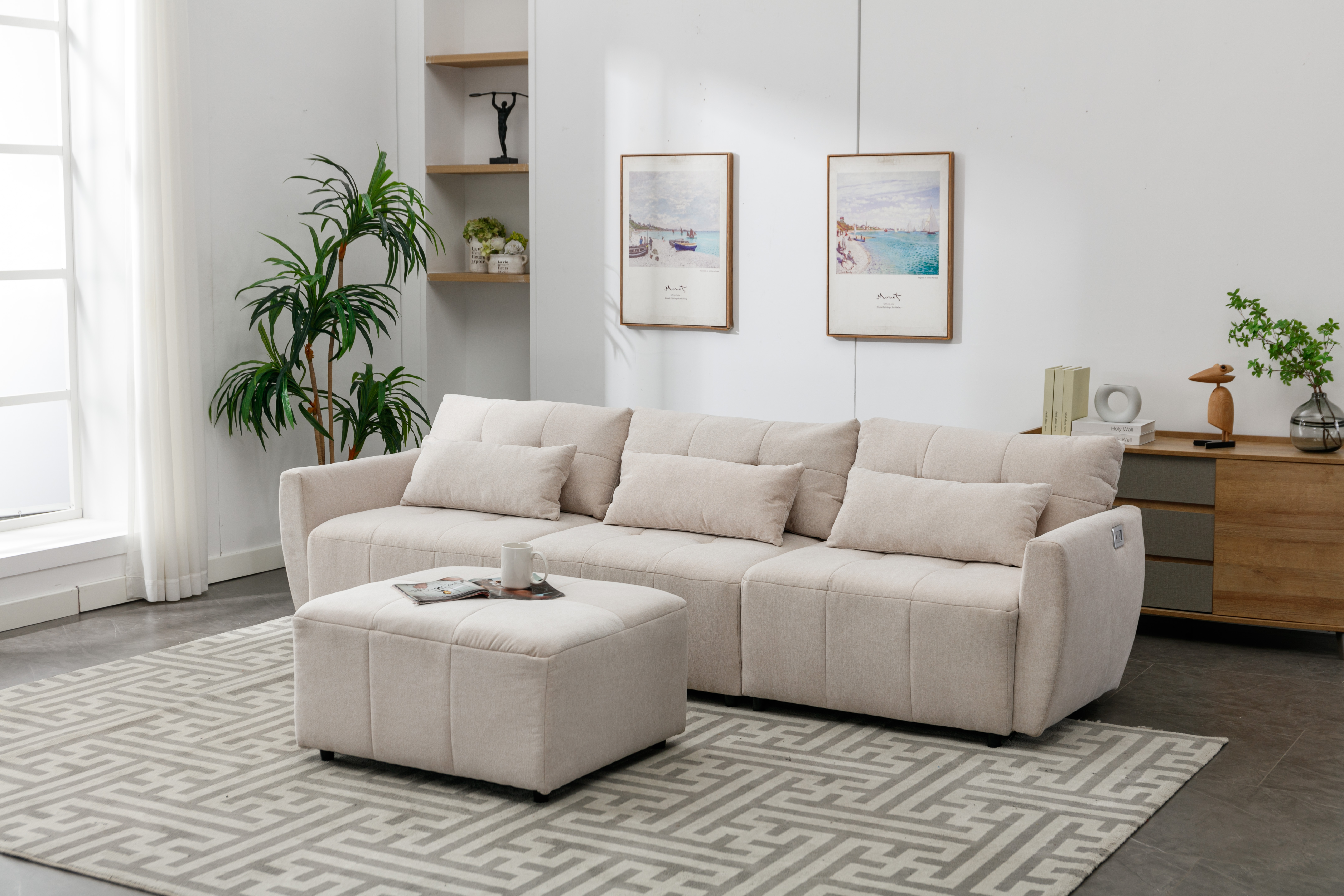 113.3" Convertible Sectional Sofa Couch 3-Seat L-Shaped Sofa with Movable Ottoman and  USB for Apartment, Living Room, Bedroom, Beige