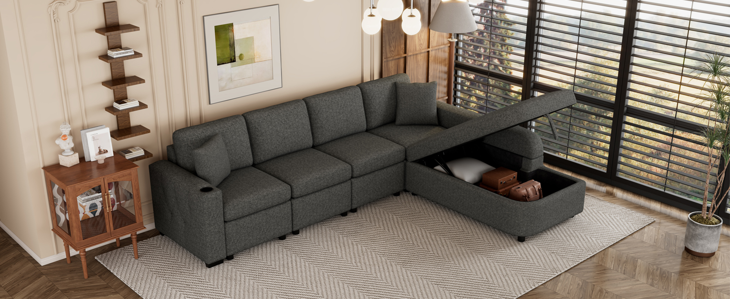 109.8"L-shaped Couch Sectional Sofa with Storage Chaise,Cup Holder and USB Ports for Living Room, Black