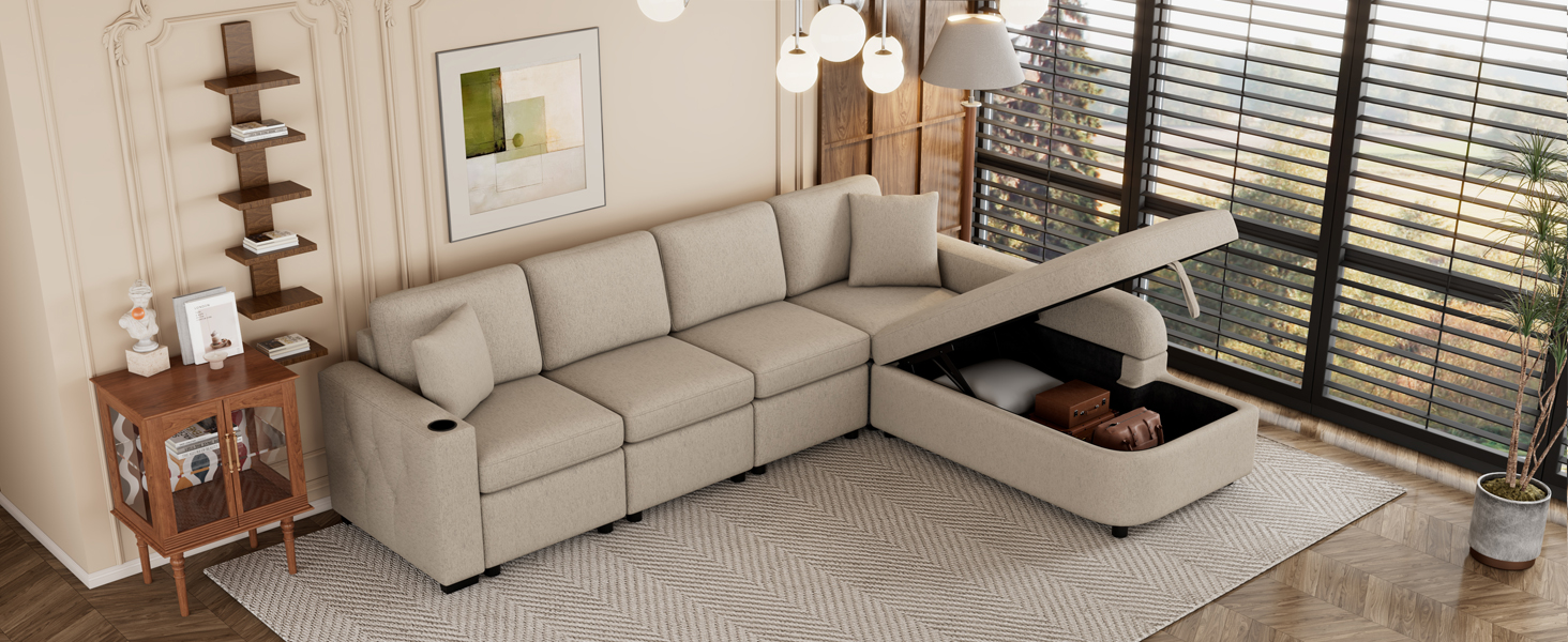 109.8"L-shaped Couch Sectional Sofa with Storage Chaise,Cup Holder and USB Ports for Living Room, Beige