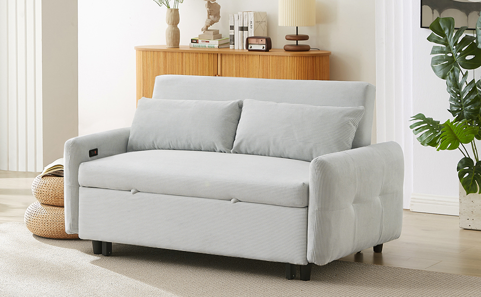 57.48" Pull-out Sofa Bed Convertible Couch 2 Seat Loveseat Sofa Modern Sleeper Sofa with Two Throw Pillows and USB Ports for Living Room, Light Blue