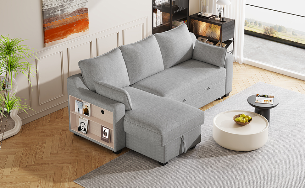 90" Pull Out Sleeper Sofa L-Shaped Couch Convertible Sofa Bed with Storage Chaise, Storage Racks and USB Ports, Light Grey