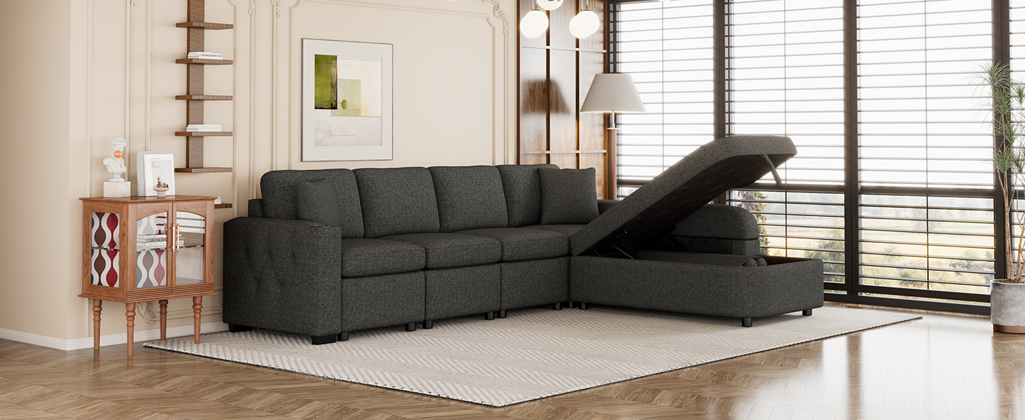 109.8"L-shaped Couch Sectional Sofa with Storage Chaise,Cup Holder and USB Ports for Living Room, Black