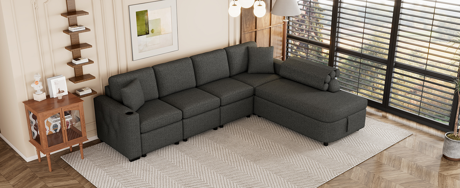 109.8"L-shaped Couch Sectional Sofa with Storage Chaise,Cup Holder and USB Ports for Living Room, Black