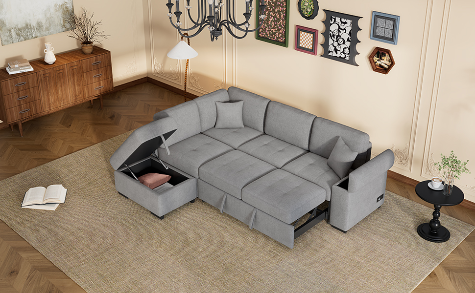 Sleeper Sectional Sofa, L-Shape Corner Couch Sofa-Bed with Storage Ottoman & Hidden Arm Storage & USB Charge  for Living Room Apartment, Gray