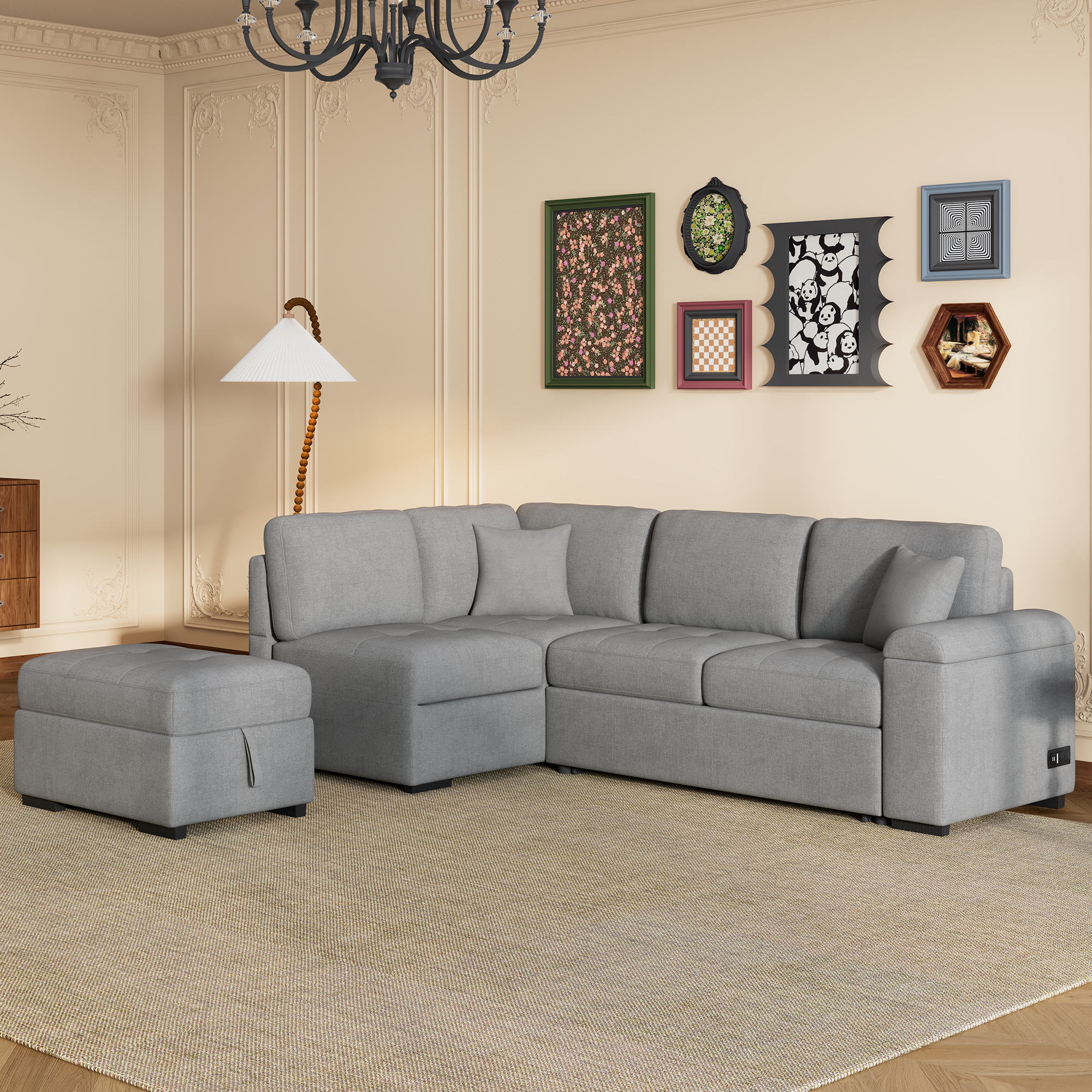 Sleeper Sectional Sofa, L-Shape Corner Couch Sofa-Bed with Storage Ottoman & Hidden Arm Storage & USB Charge  for Living Room Apartment, Gray