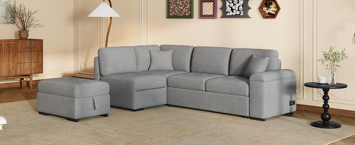 Sleeper Sectional Sofa, L-Shape Corner Couch Sofa-Bed with Storage Ottoman & Hidden Arm Storage & USB Charge  for Living Room Apartment, Gray