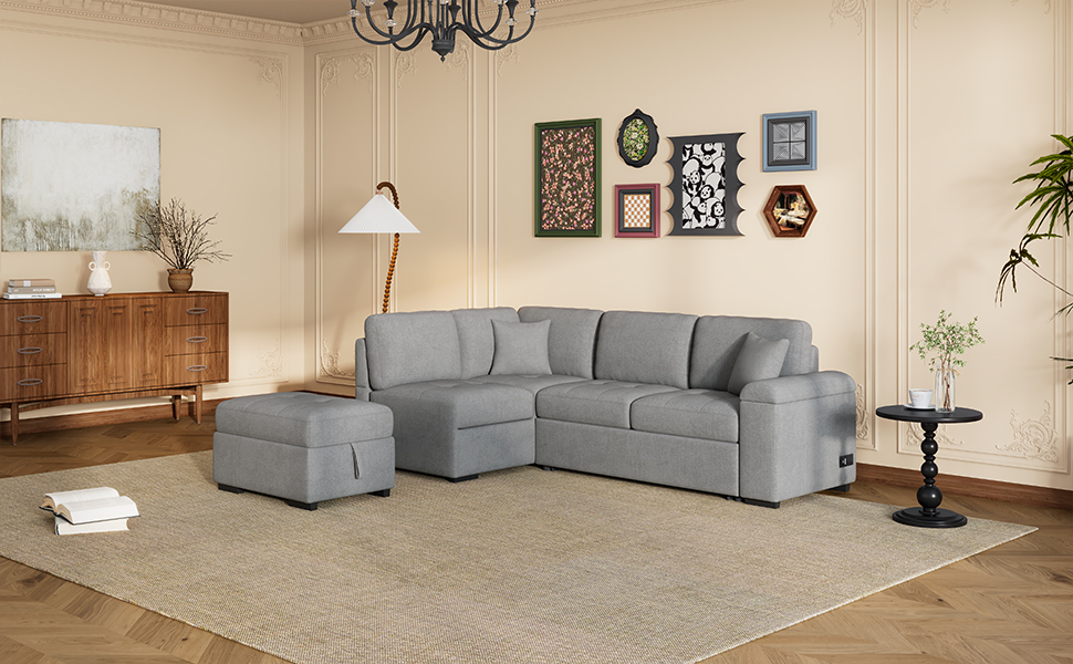 Sleeper Sectional Sofa, L-Shape Corner Couch Sofa-Bed with Storage Ottoman & Hidden Arm Storage & USB Charge  for Living Room Apartment, Gray