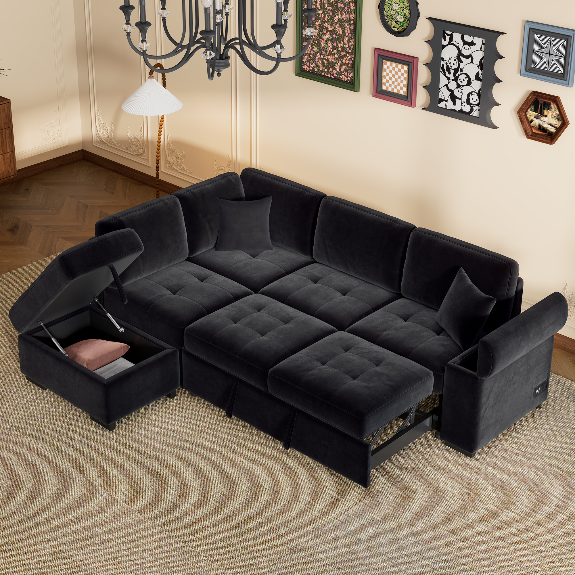 Sleeper Sectional Sofa, L-Shape Corner Couch Sofa-Bed with Storage Ottoman & Hidden Arm Storage & USB Charge  for Living Room Apartment, Black